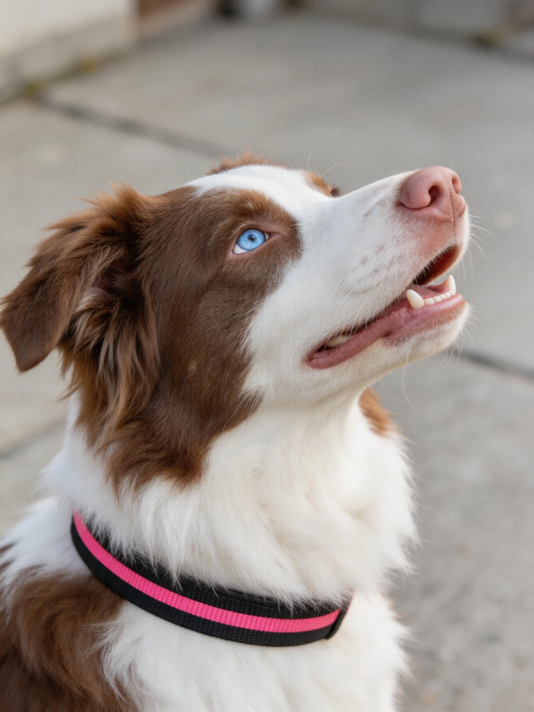 A brown and white dog with blue eyes gazes upward while wearing a pink collar.
