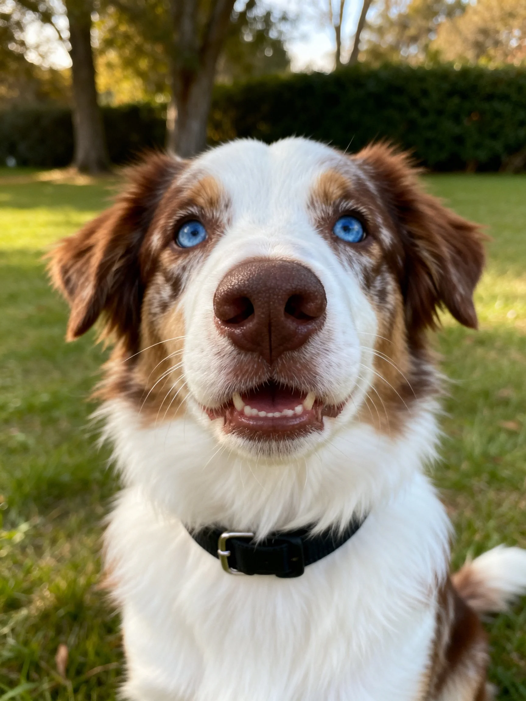 A brown and white dog with blue eyes is situated in an outdoor grassy area.