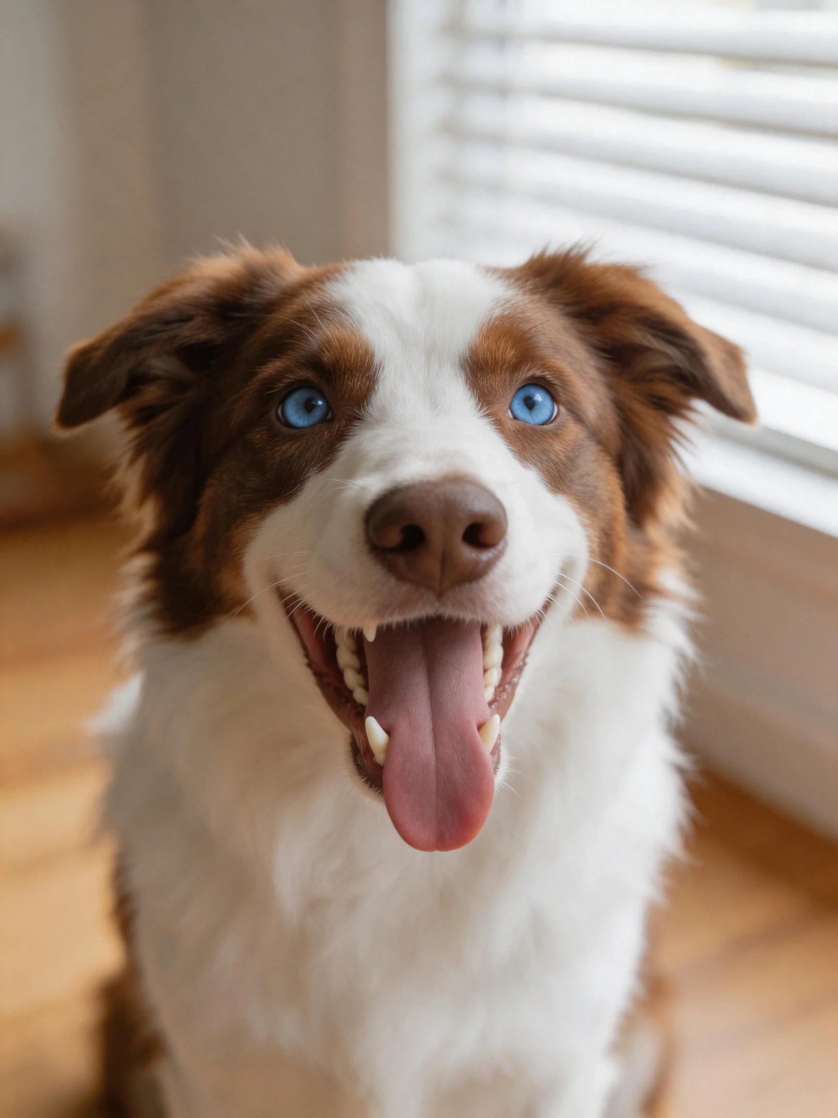 A cheerful dog with blue eyes smiles brightly indoors near a window.
