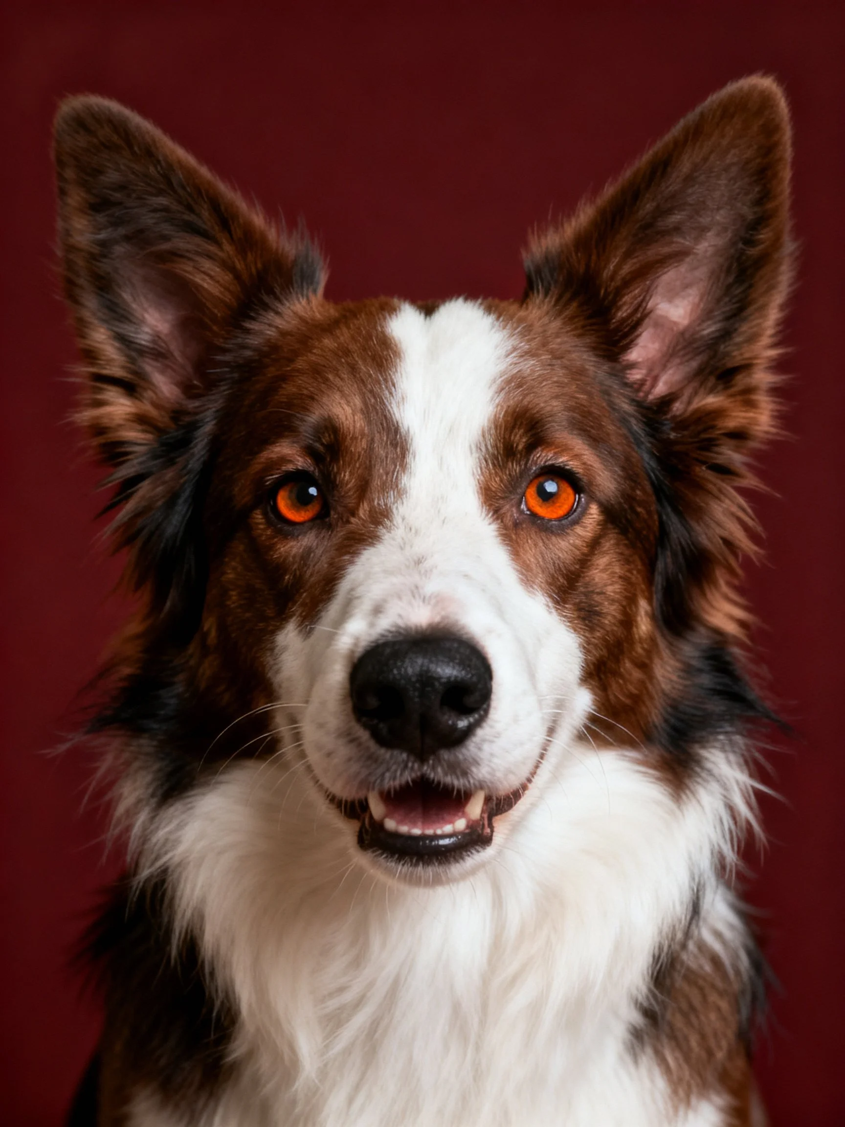 A brown and white dog with bright orange eyes stands out against a solid maroon backdrop.