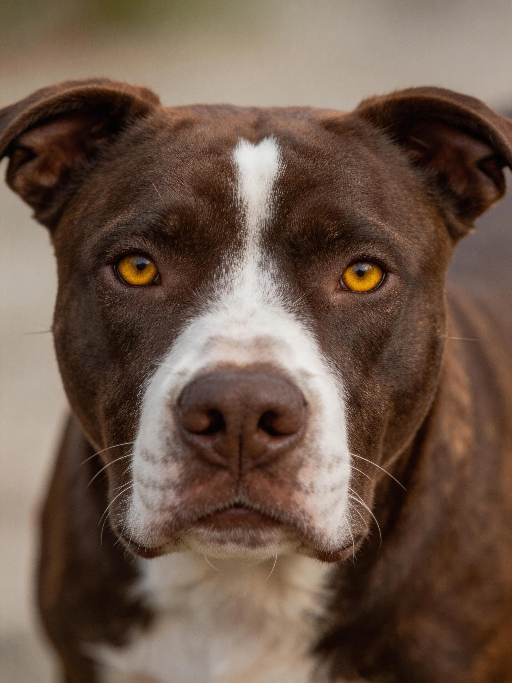 A brown and white dog with bright yellow eyes is featured in a close-up photograph.