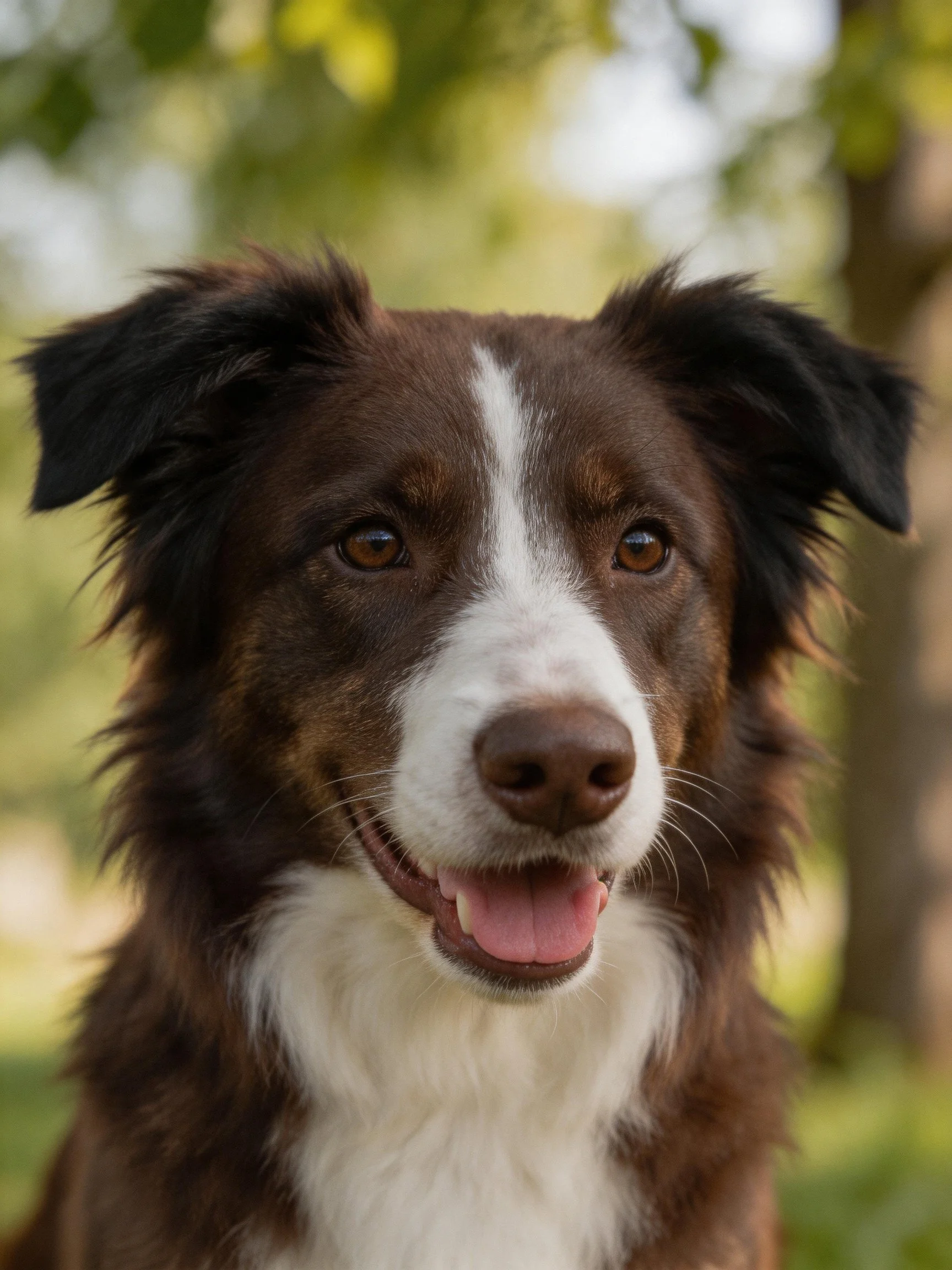 A brown and white dog appears cheerful in an outdoor setting