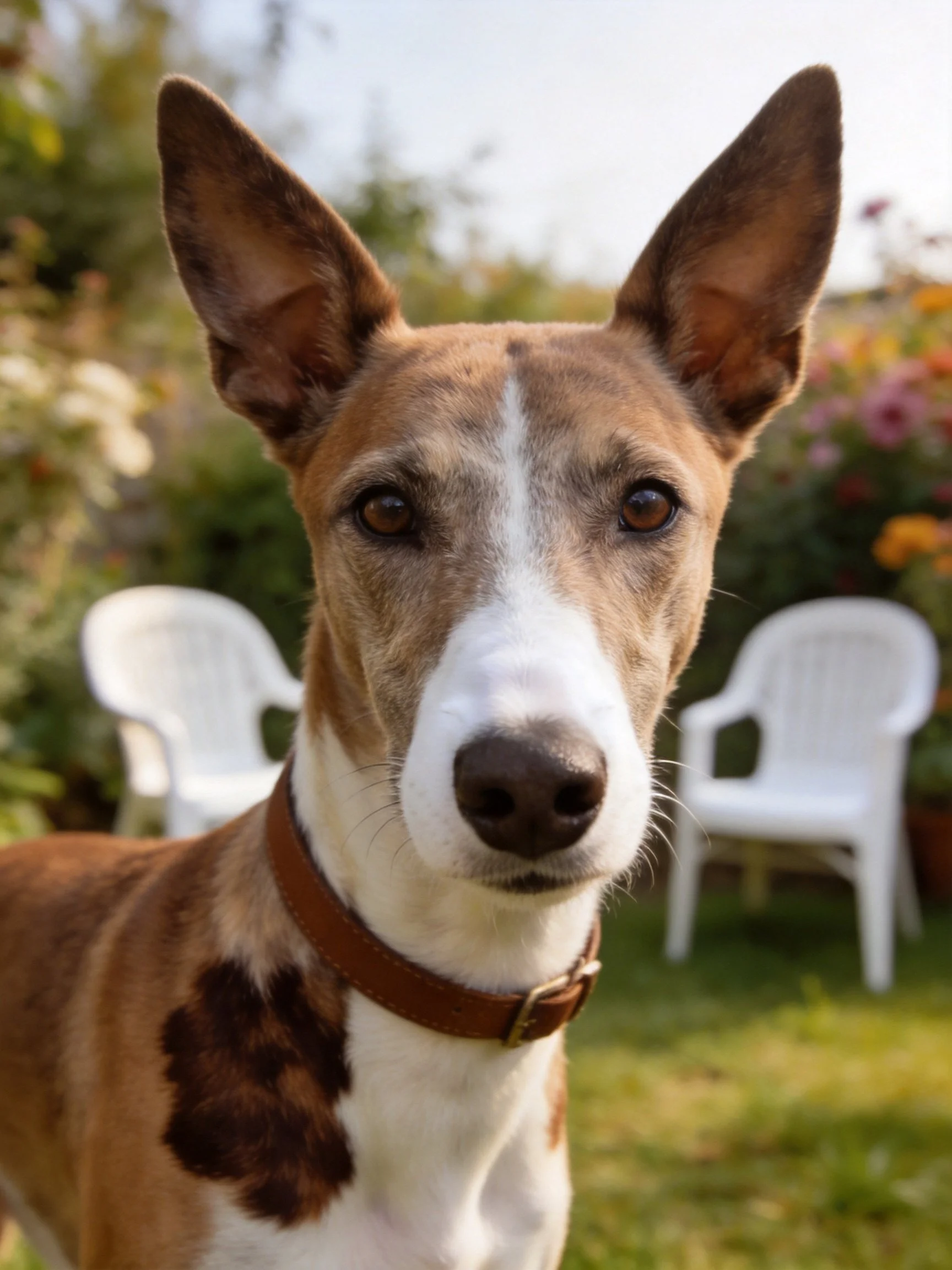 A brown and white dog stands near white plastic chairs in a sunny garden.