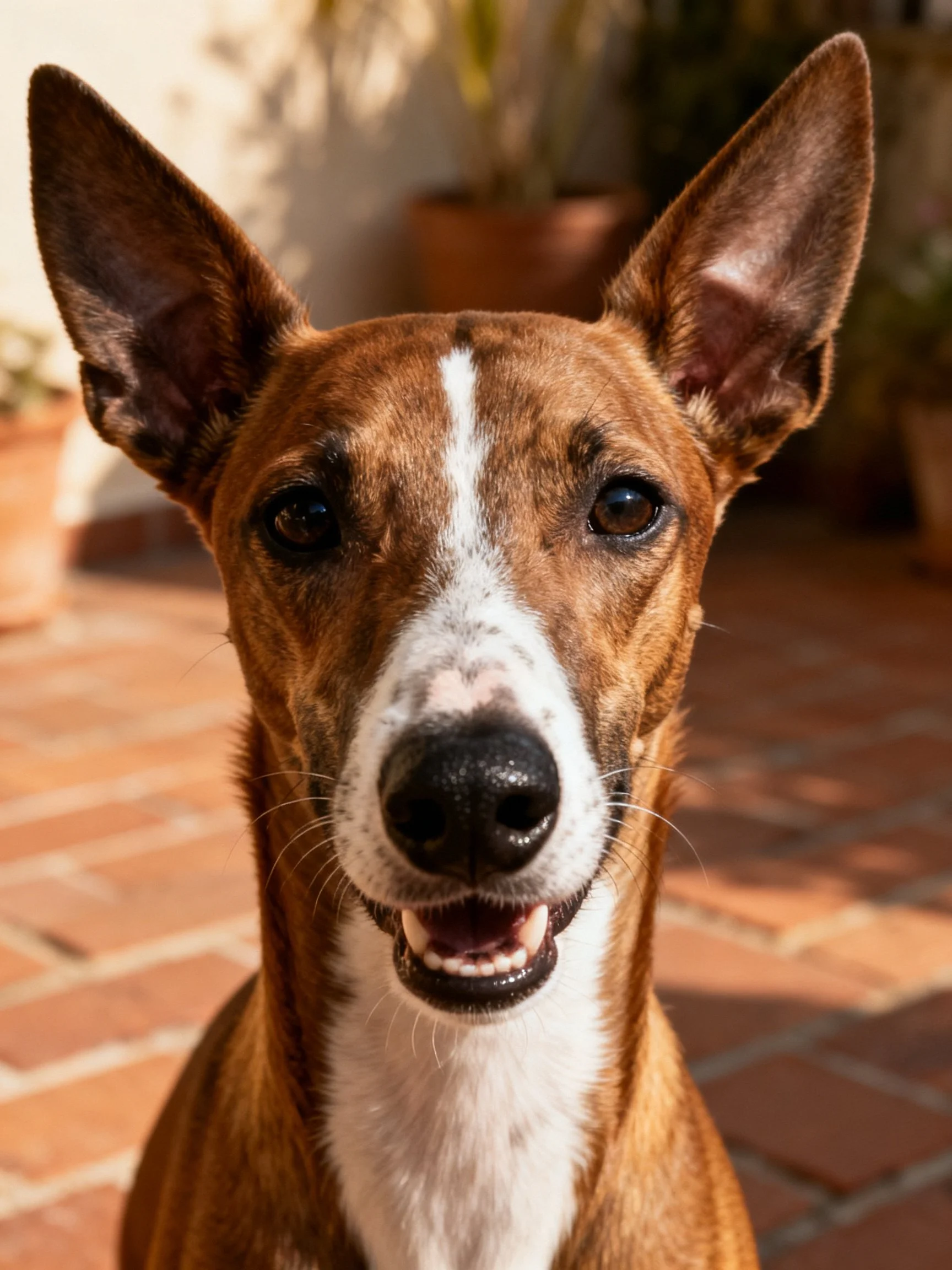 A brown and white dog with upright ears sits on a brick-paved area.