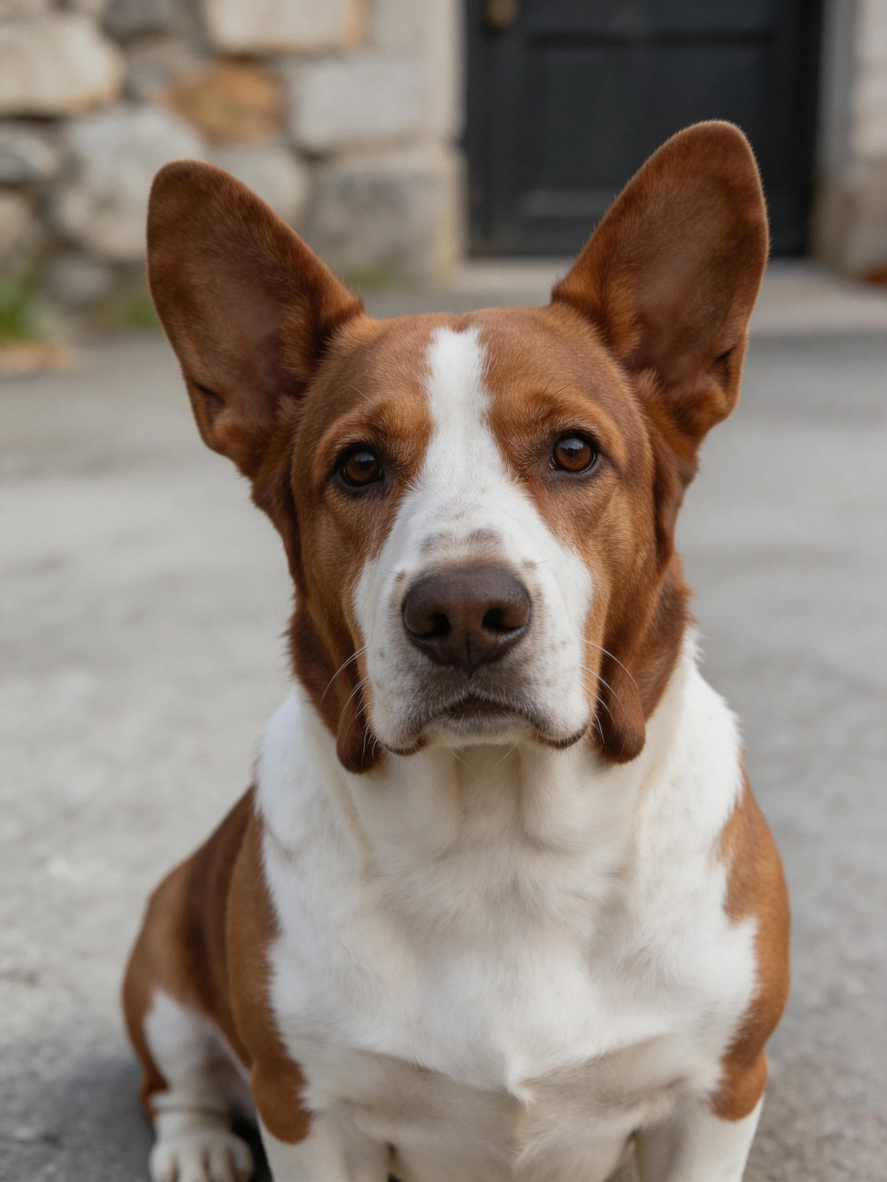 A brown and white dog with large ears sits calmly near a stone wall.