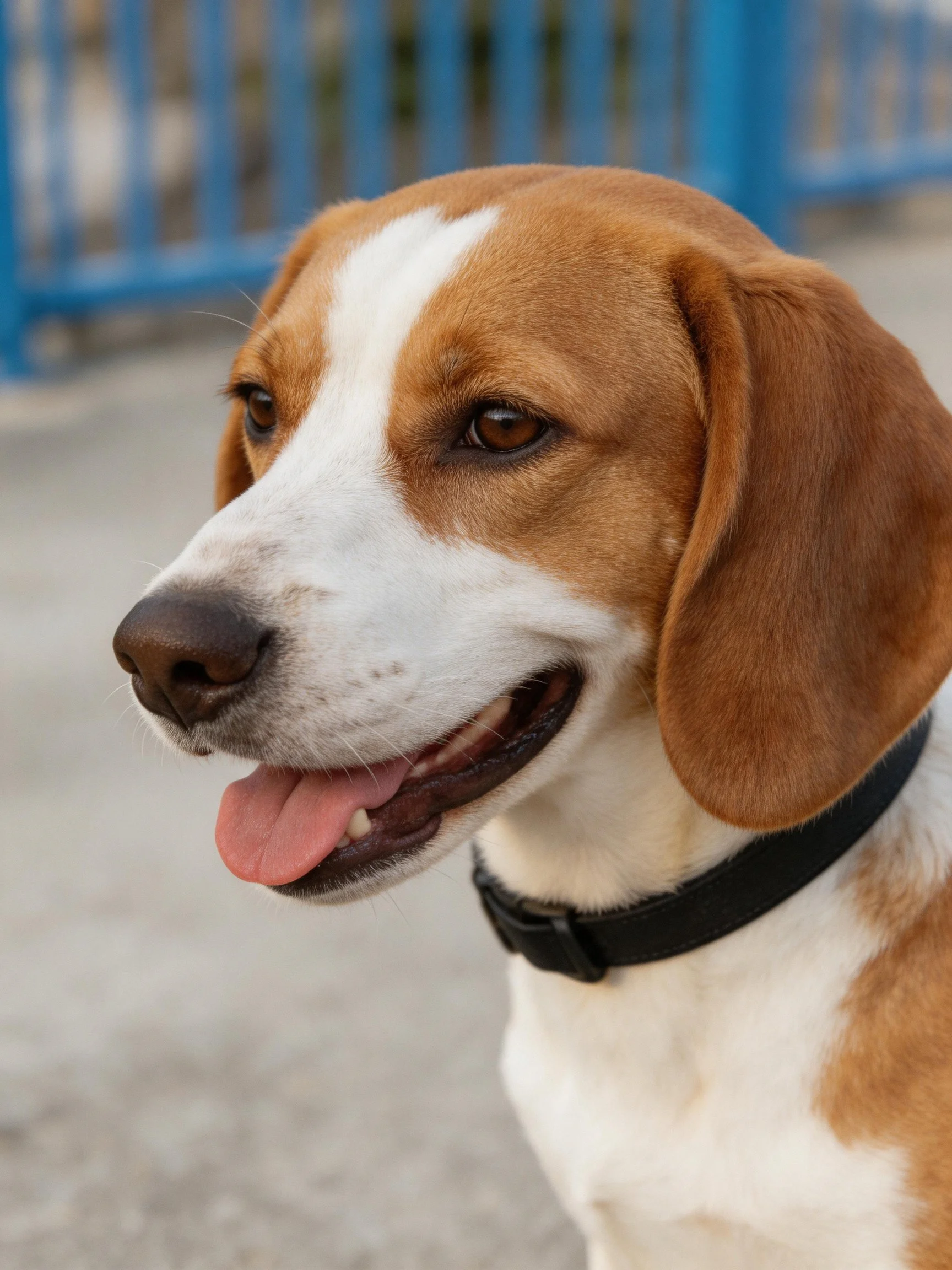 A brown and white dog with a black collar stands near an outdoor blue structure.