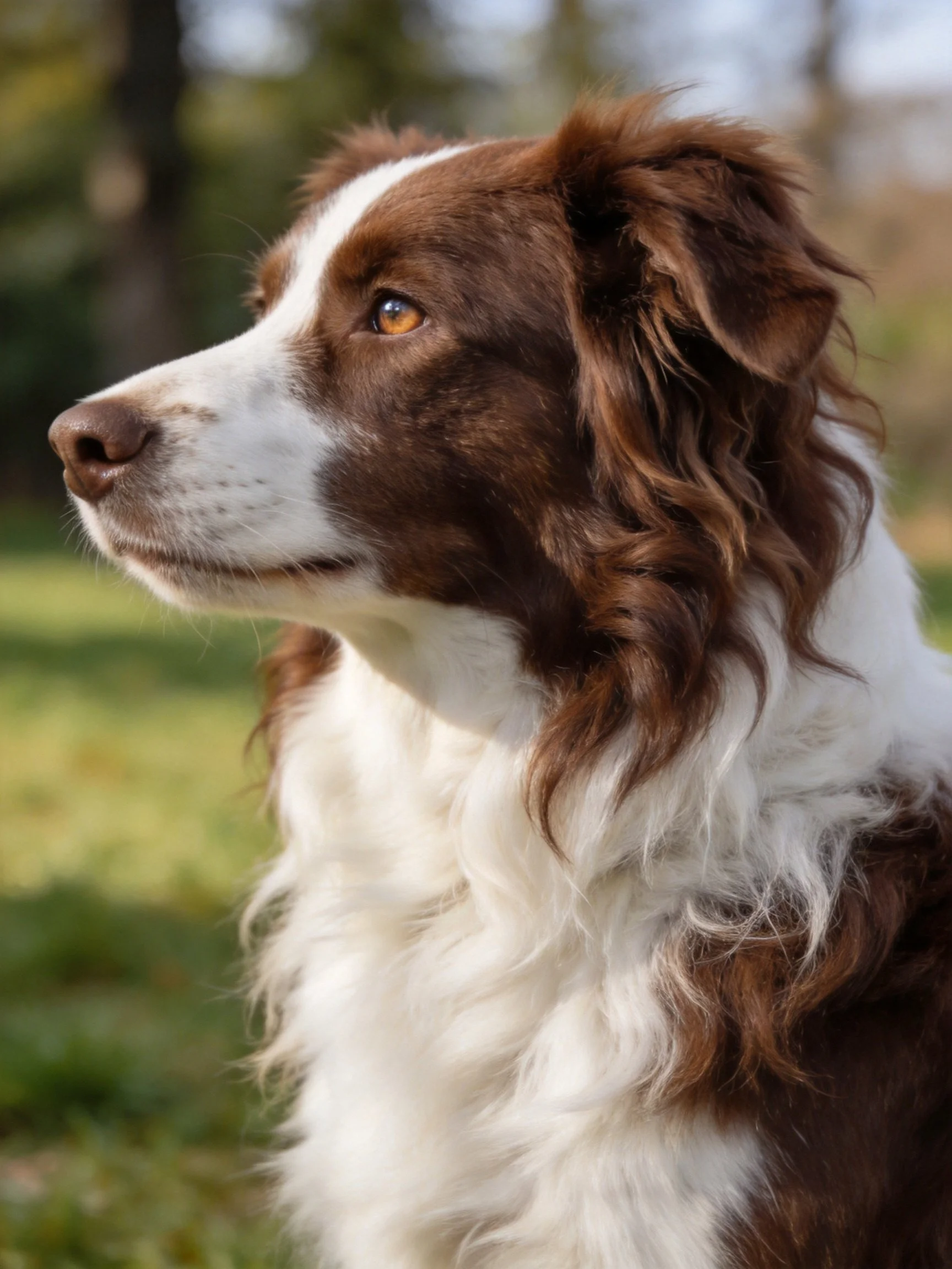 A brown and white dog with long curly fur is alert in a natural outdoor setting.