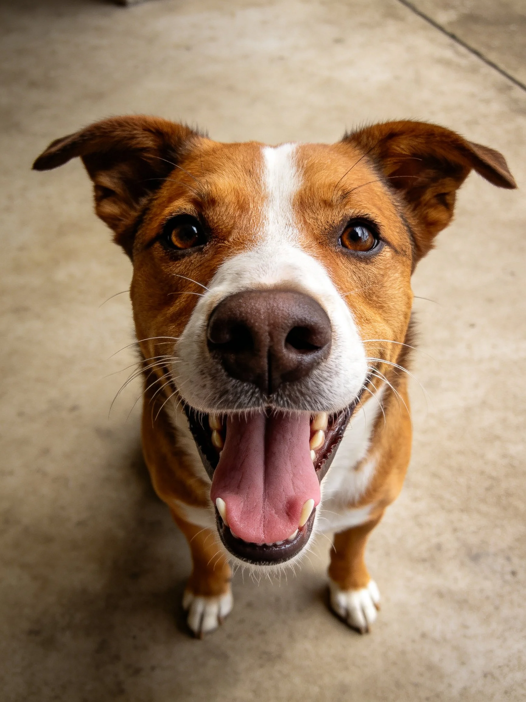 A brown and white dog gazes upward with mouth open.