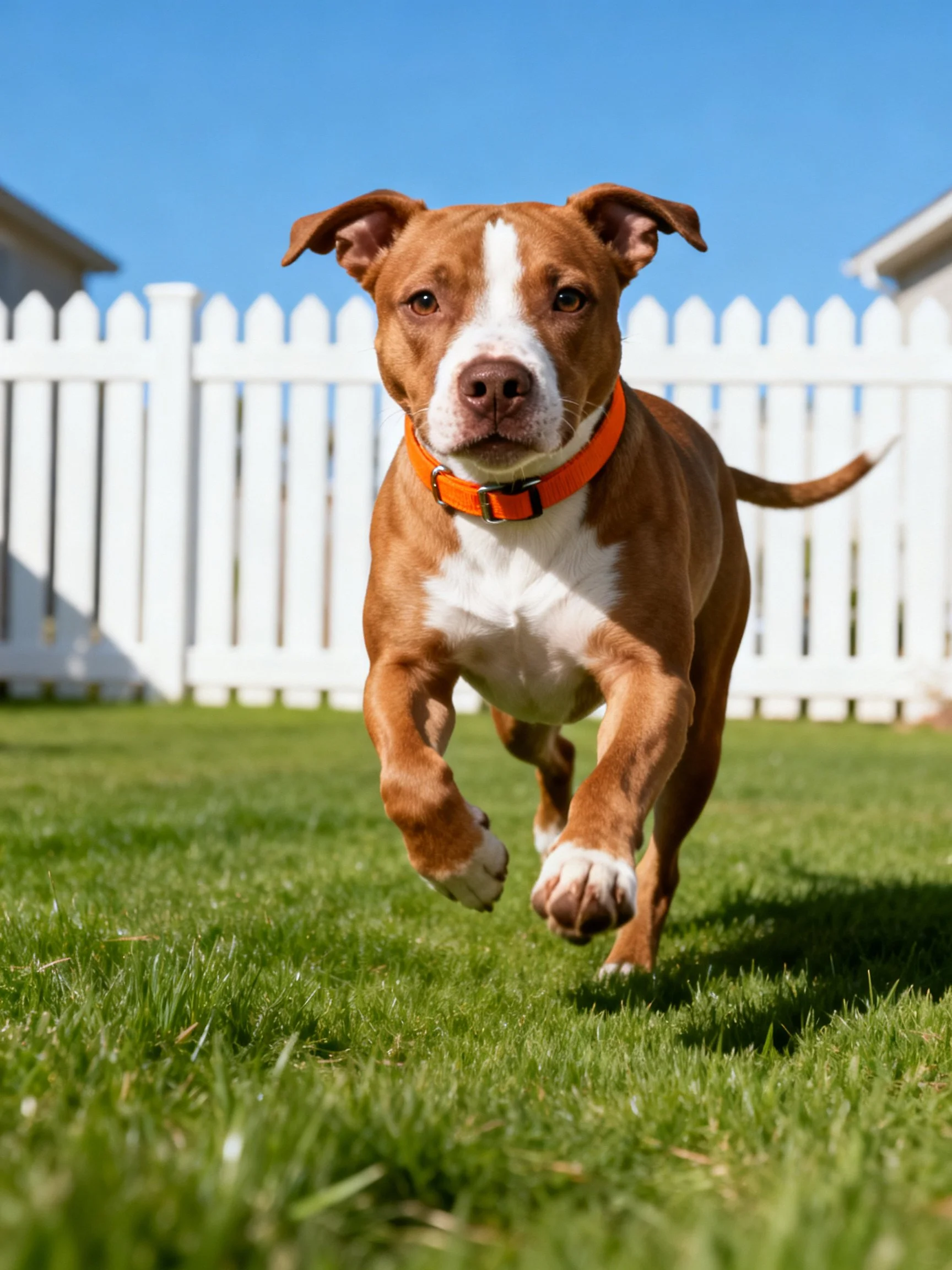 A brown and white dog with an orange collar runs toward the viewer in a sunny yard.