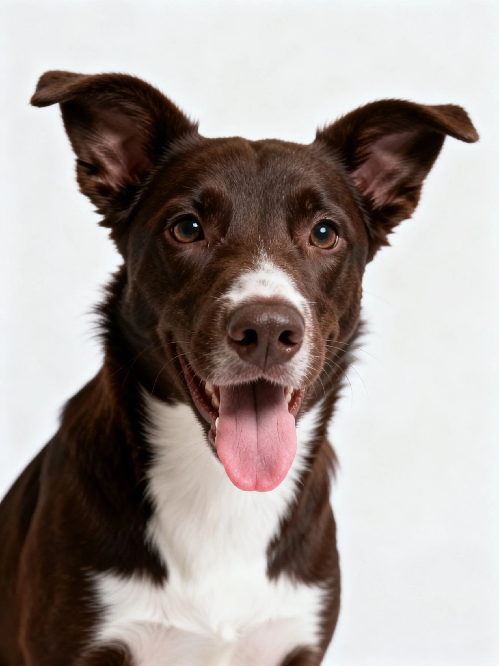 A brown and white dog with perked ears and open mouth