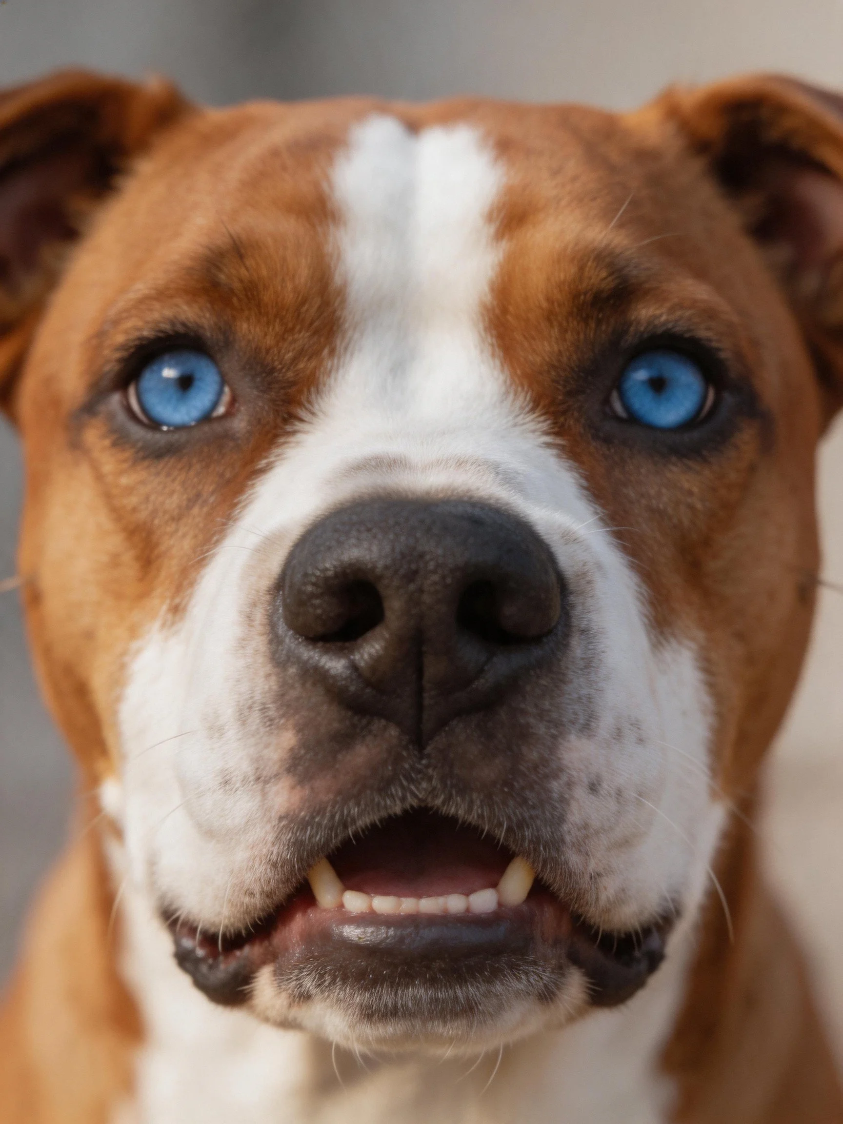 A brown and white dog with striking blue eyes in close-up