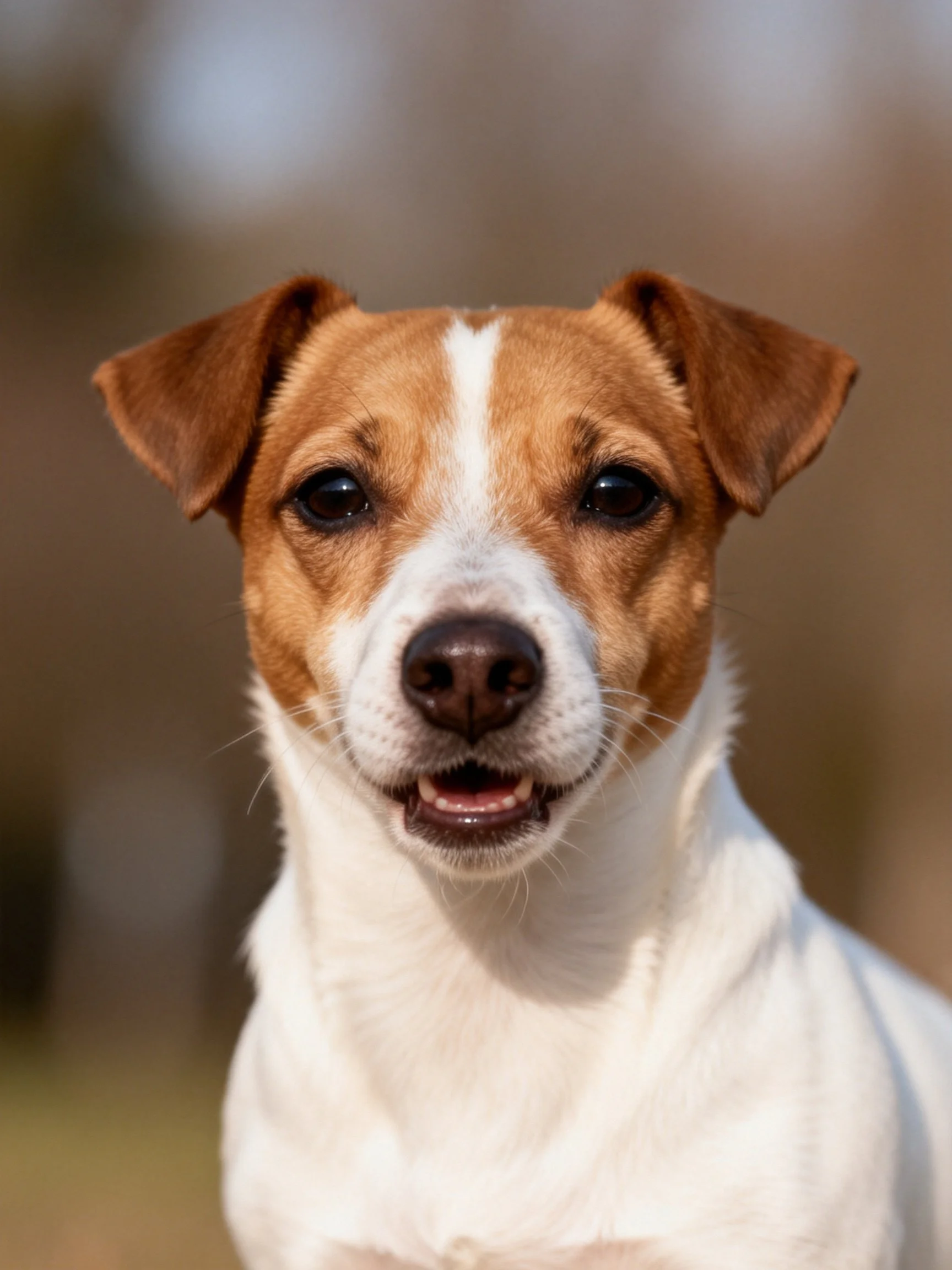 A brown and white dog with upright ears appears cheerful in front of a blurred natural setting.