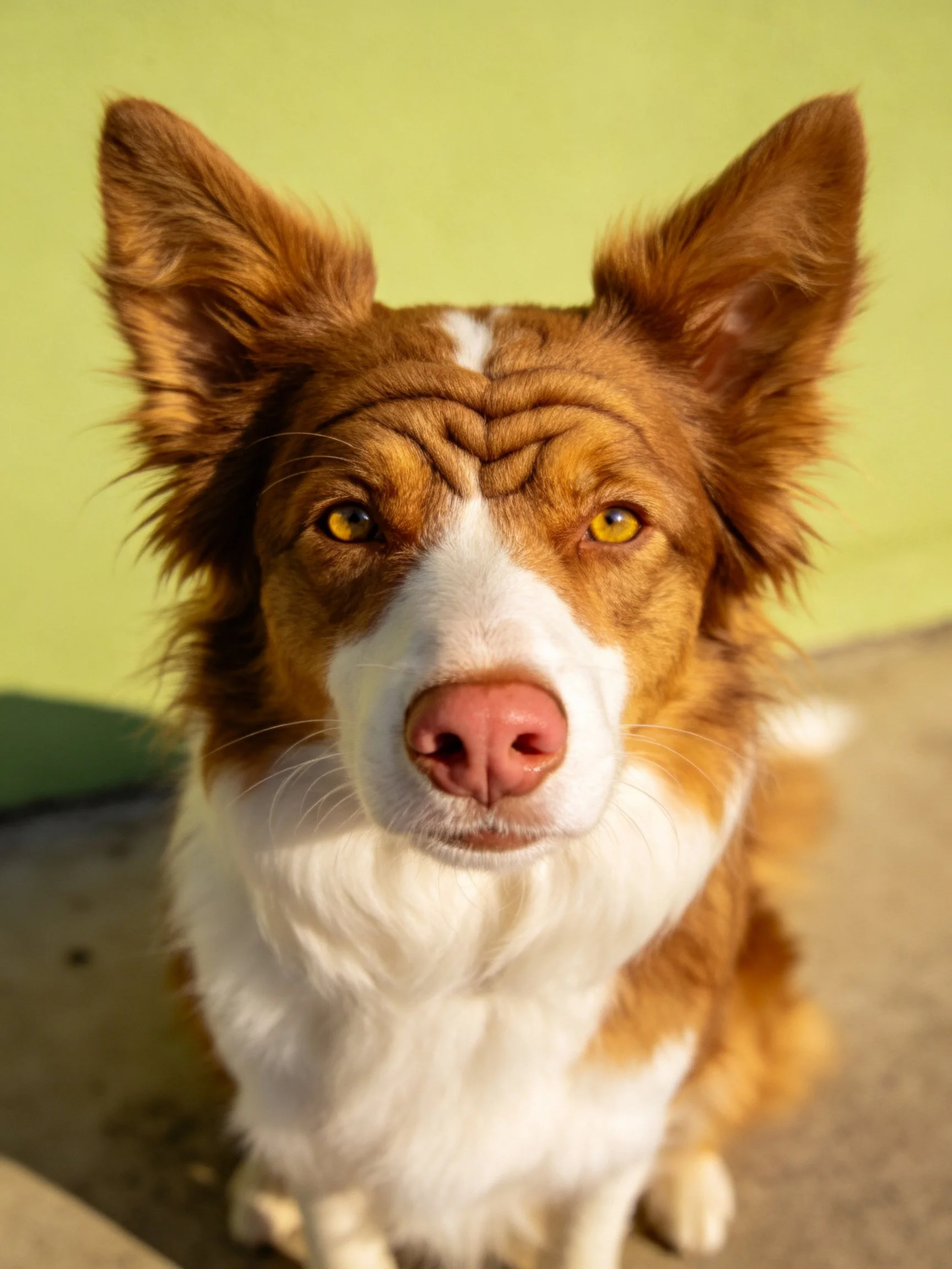 A brown and white dog with upright ears and yellow eyes