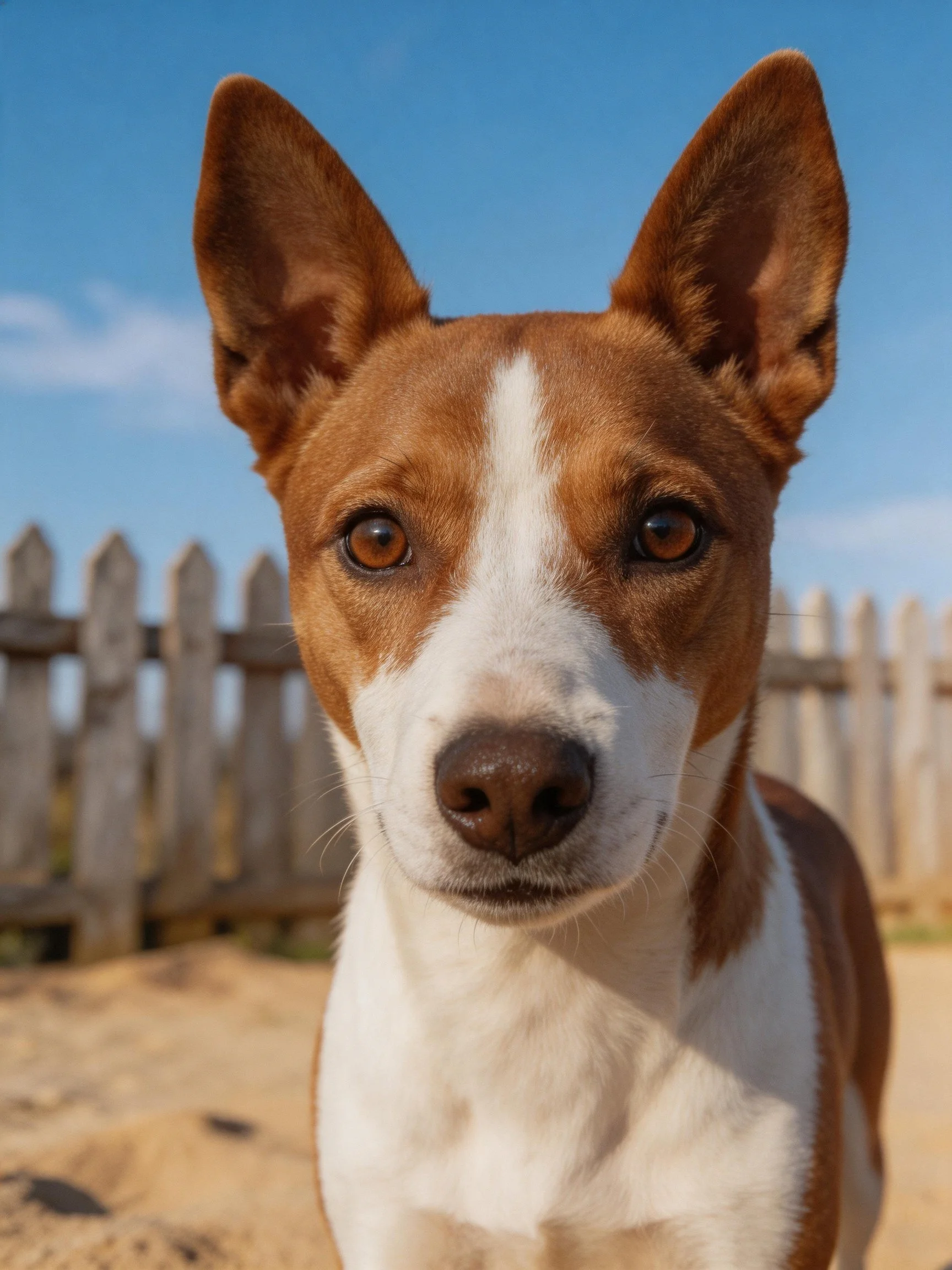 A brown and white dog with upright ears near a weathered wooden fence