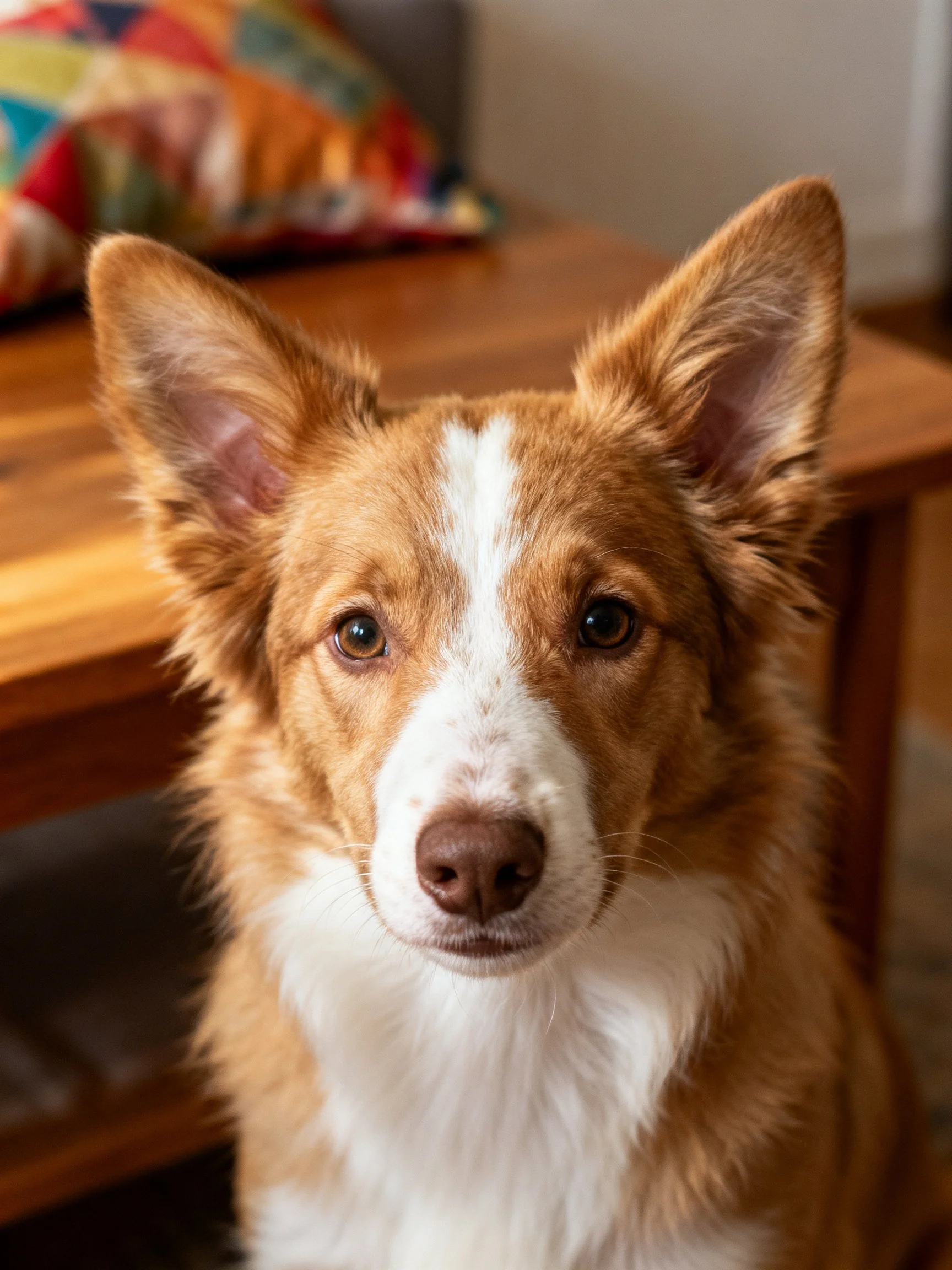 A brown and white dog sits near wooden furniture with a colorful pillow in the background.