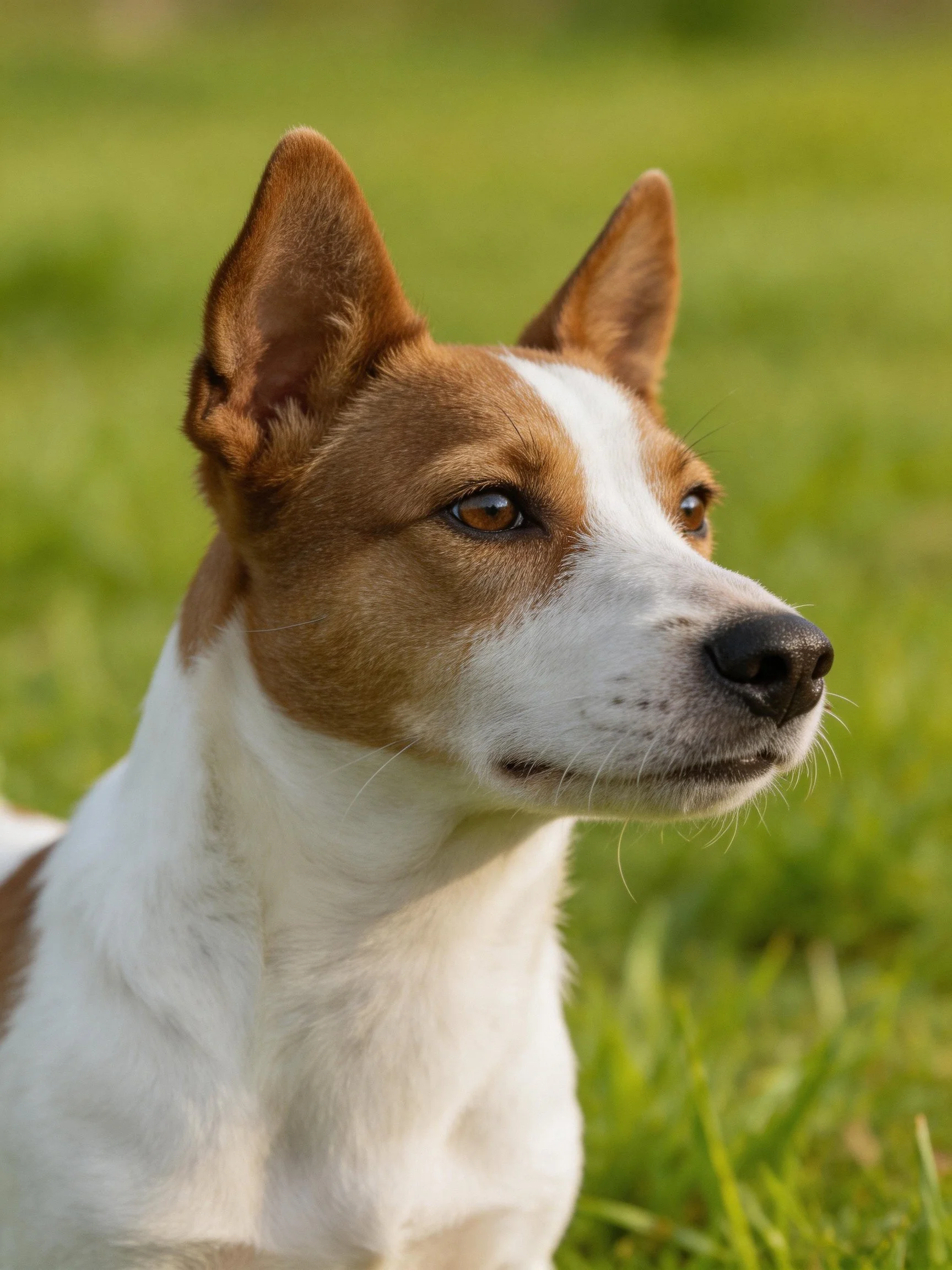 A brown and white dog with upright ears on a grassy field