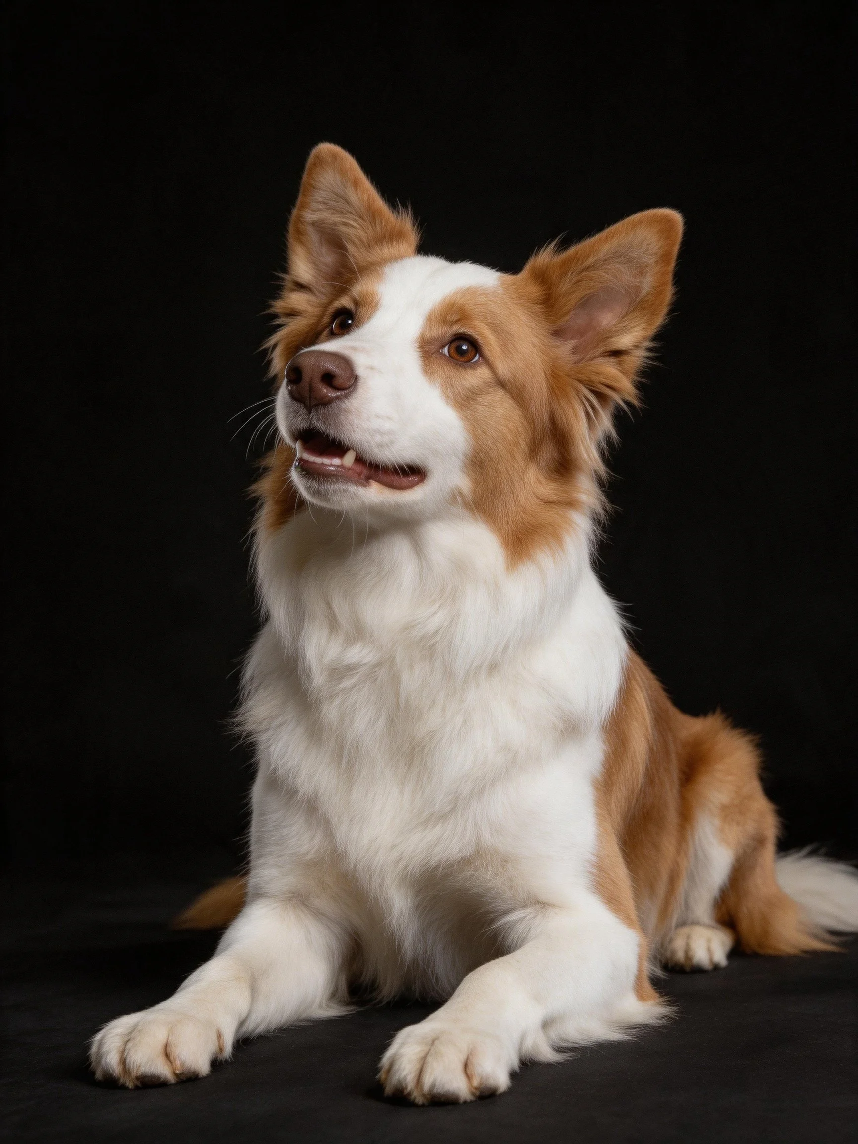 A brown and white dog sits attentively against a solid black backdrop.