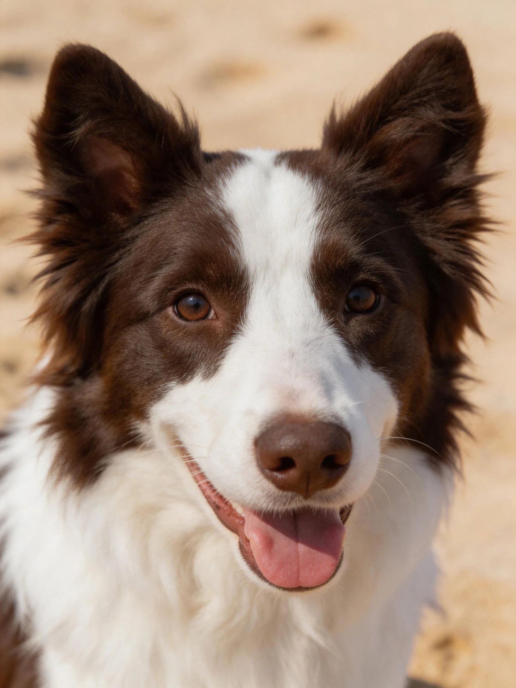 A brown and white dog smiles happily with its mouth open outdoors.