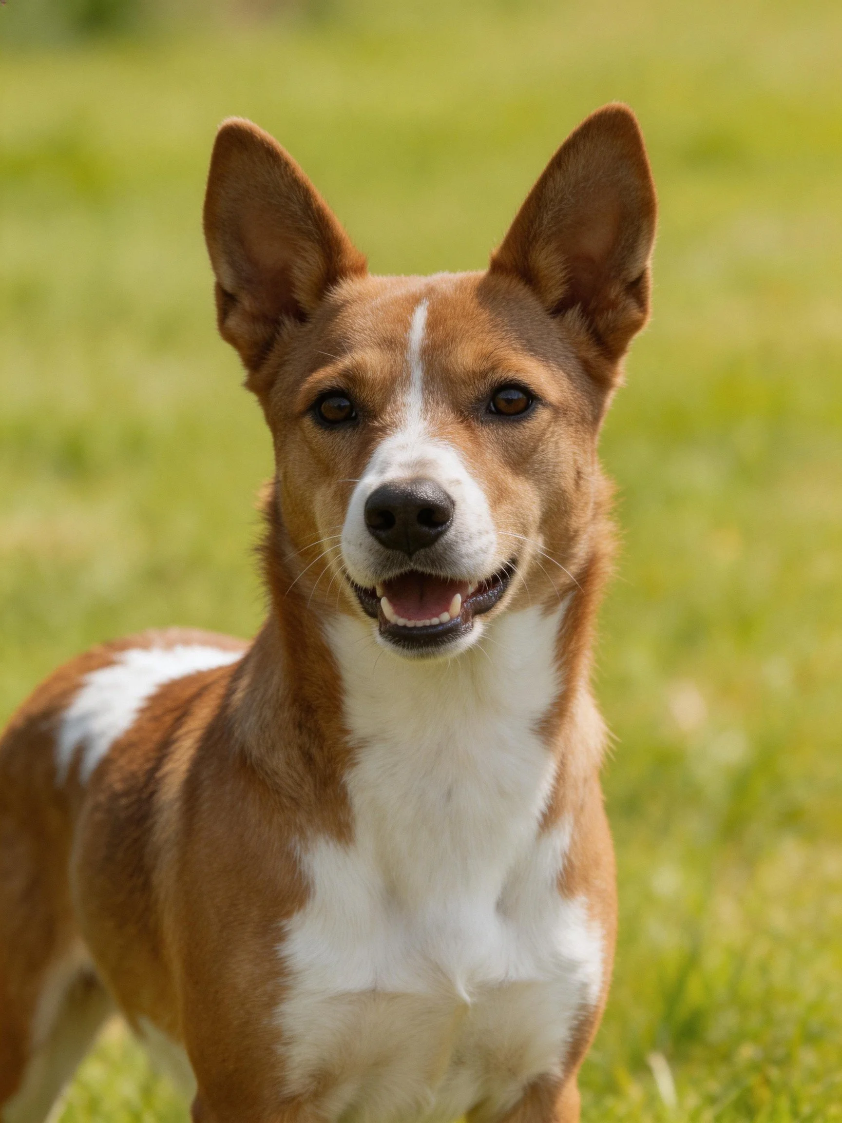 A brown and white dog with upright ears standing on green grass