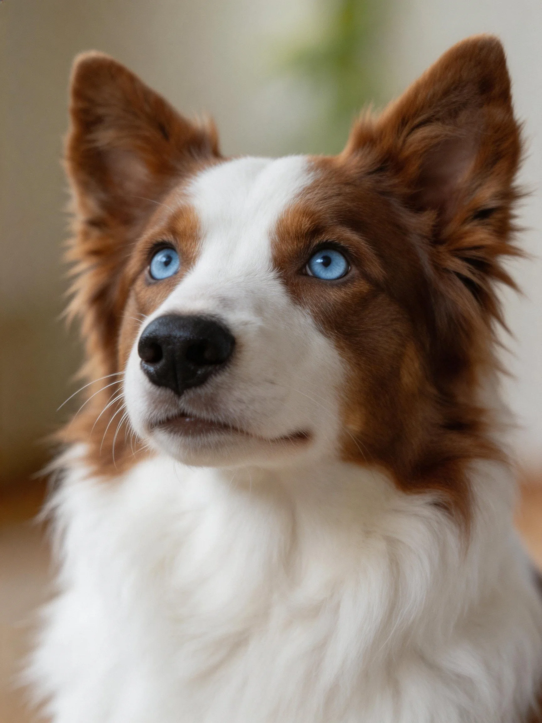 A brown and white dog gazes attentively with vivid blue eyes.