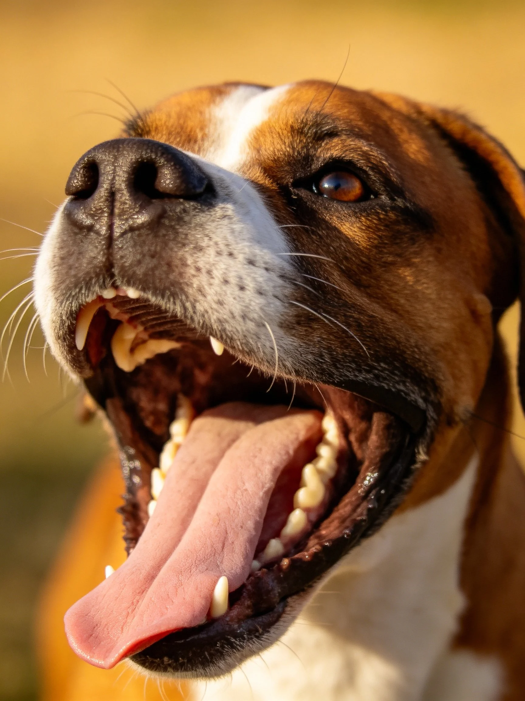 A brown and white dog yawning, displaying teeth and tongue