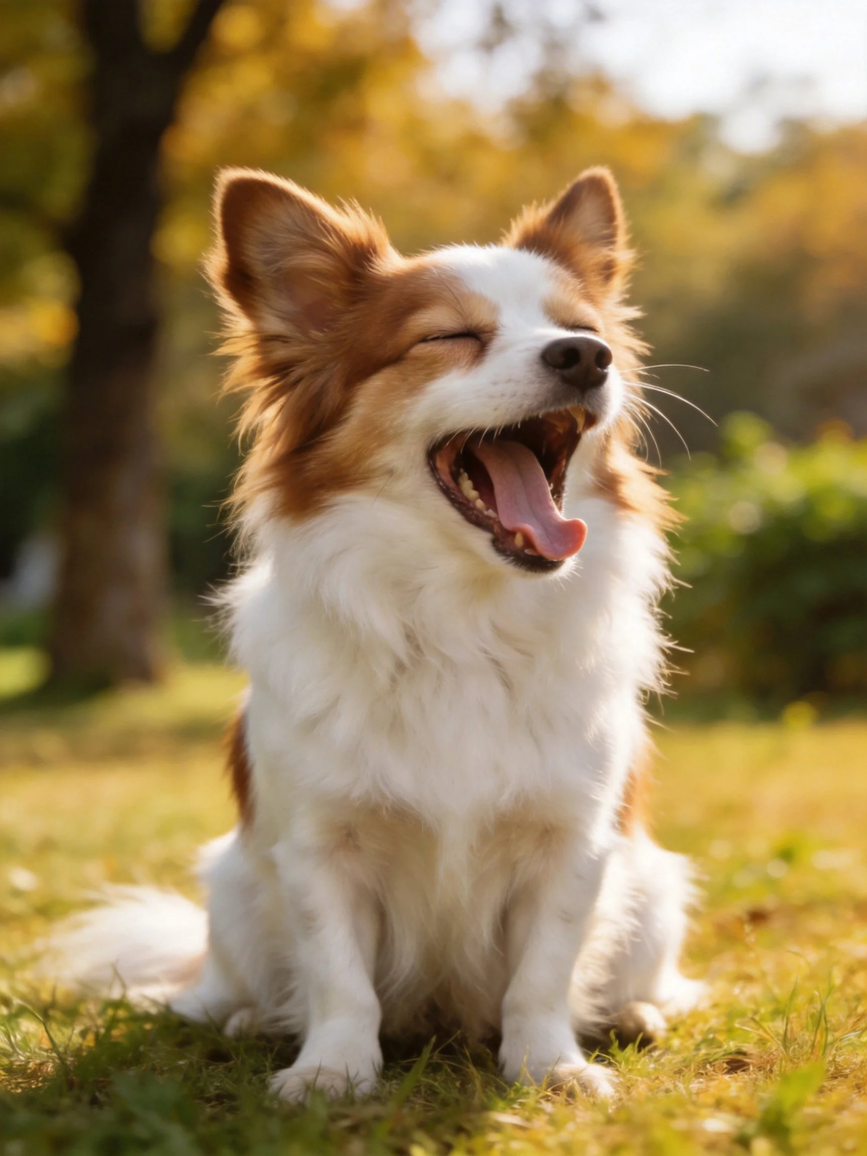 A brown and white dog yawning happily on grass in sunlight