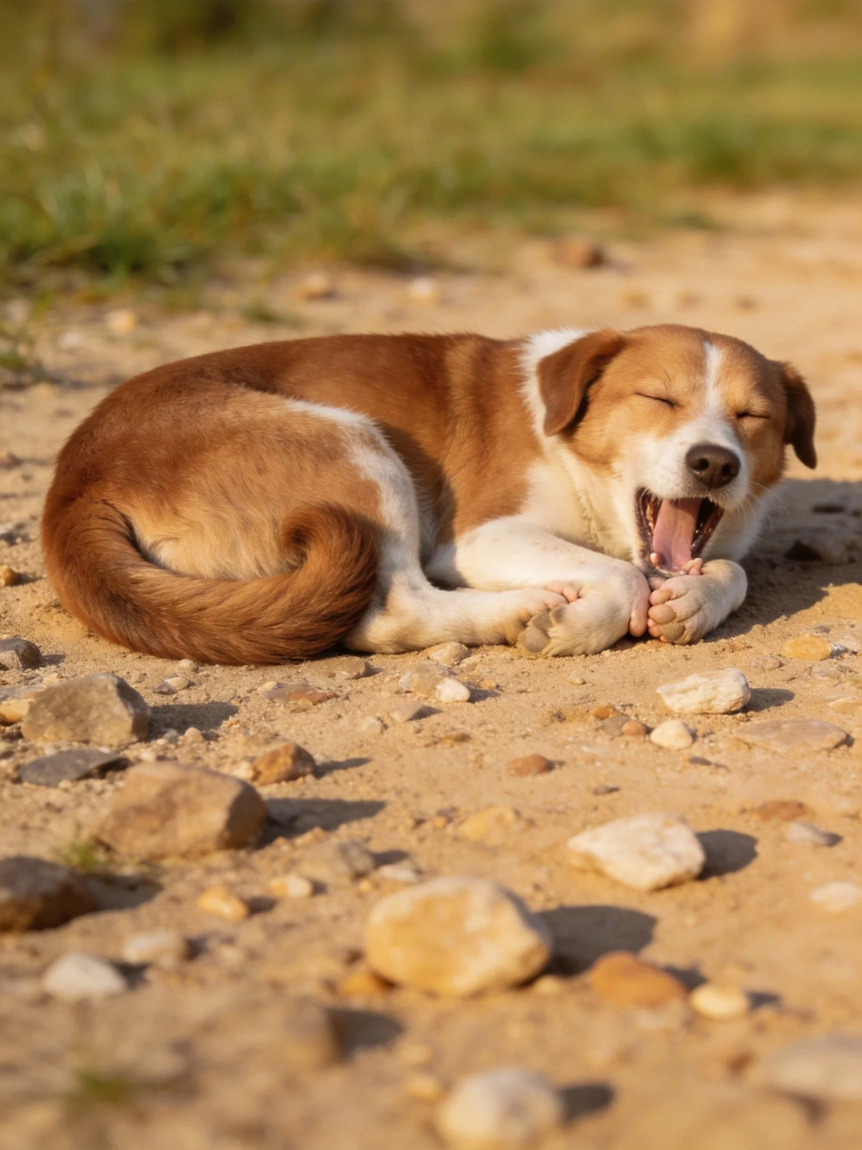 A brown and white dog yawning on a rocky dirt path