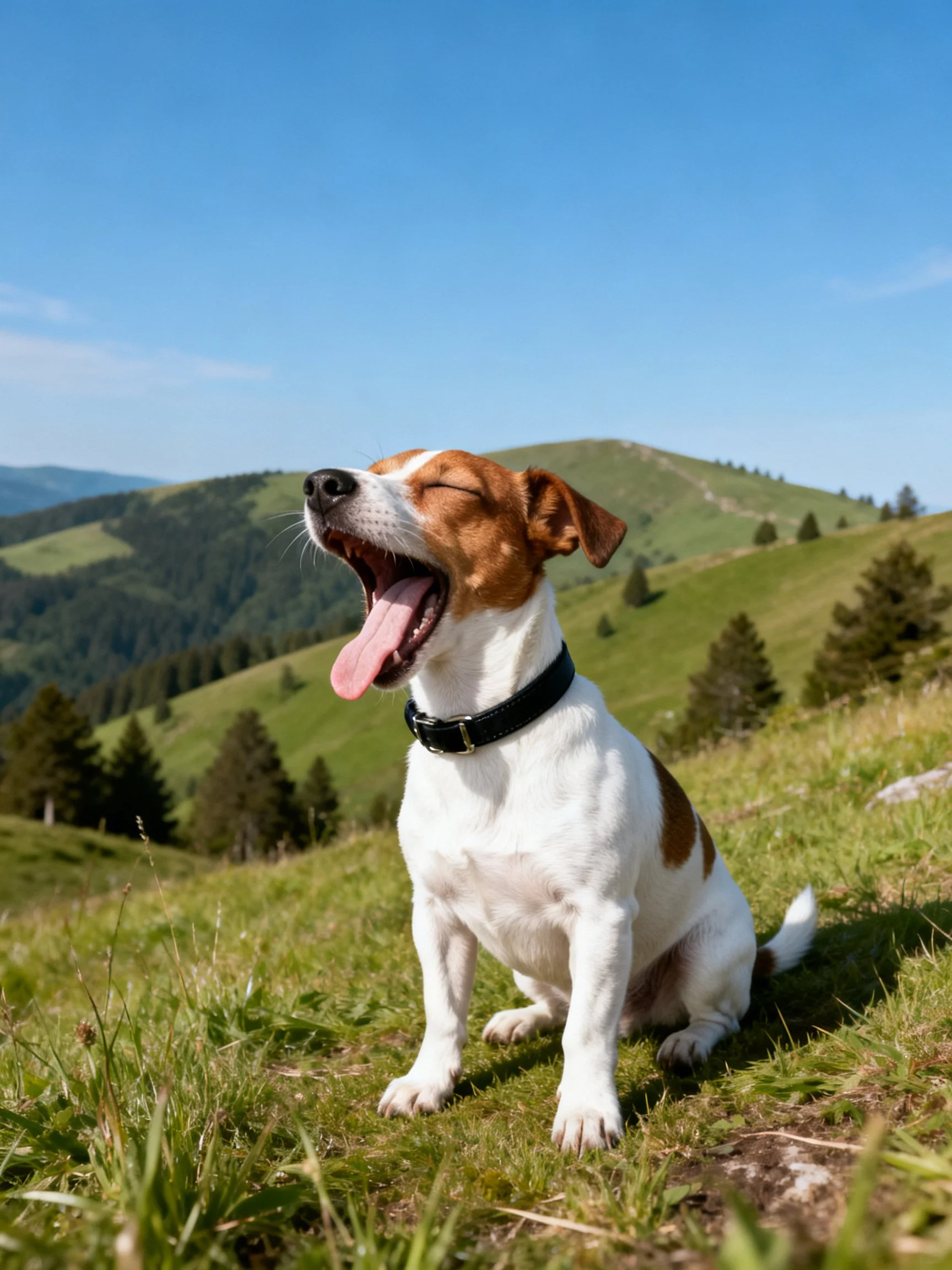 A brown-and-white dog yawns happily on a sunny grassy hillside.