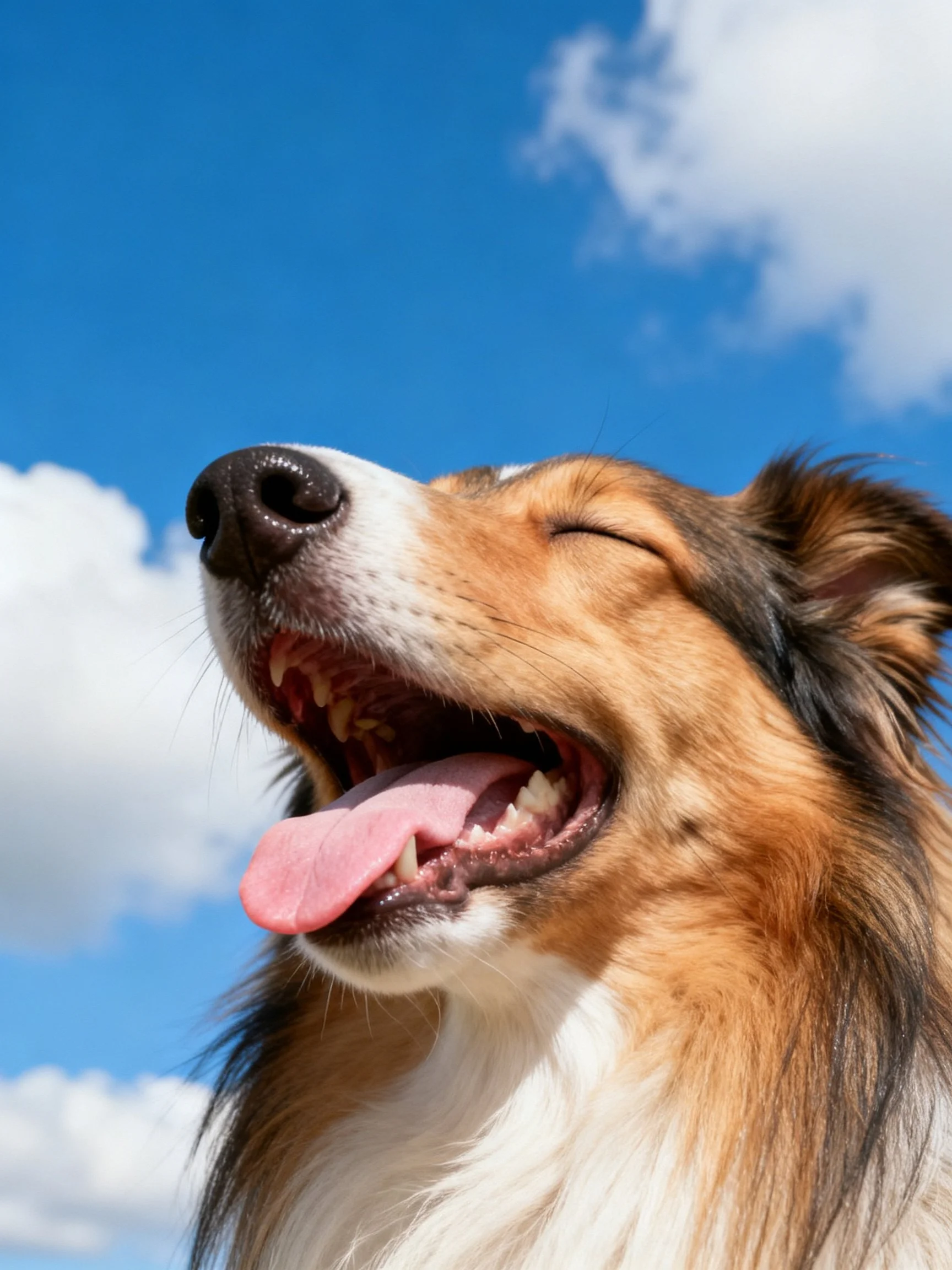 A brown and white dog relaxes with eyes closed and mouth open.
