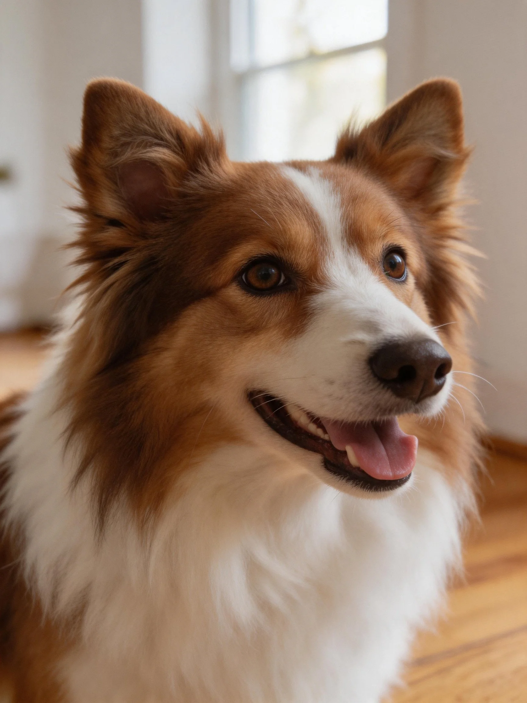 A brown and white fluffy - coated dog with upright ears indoors