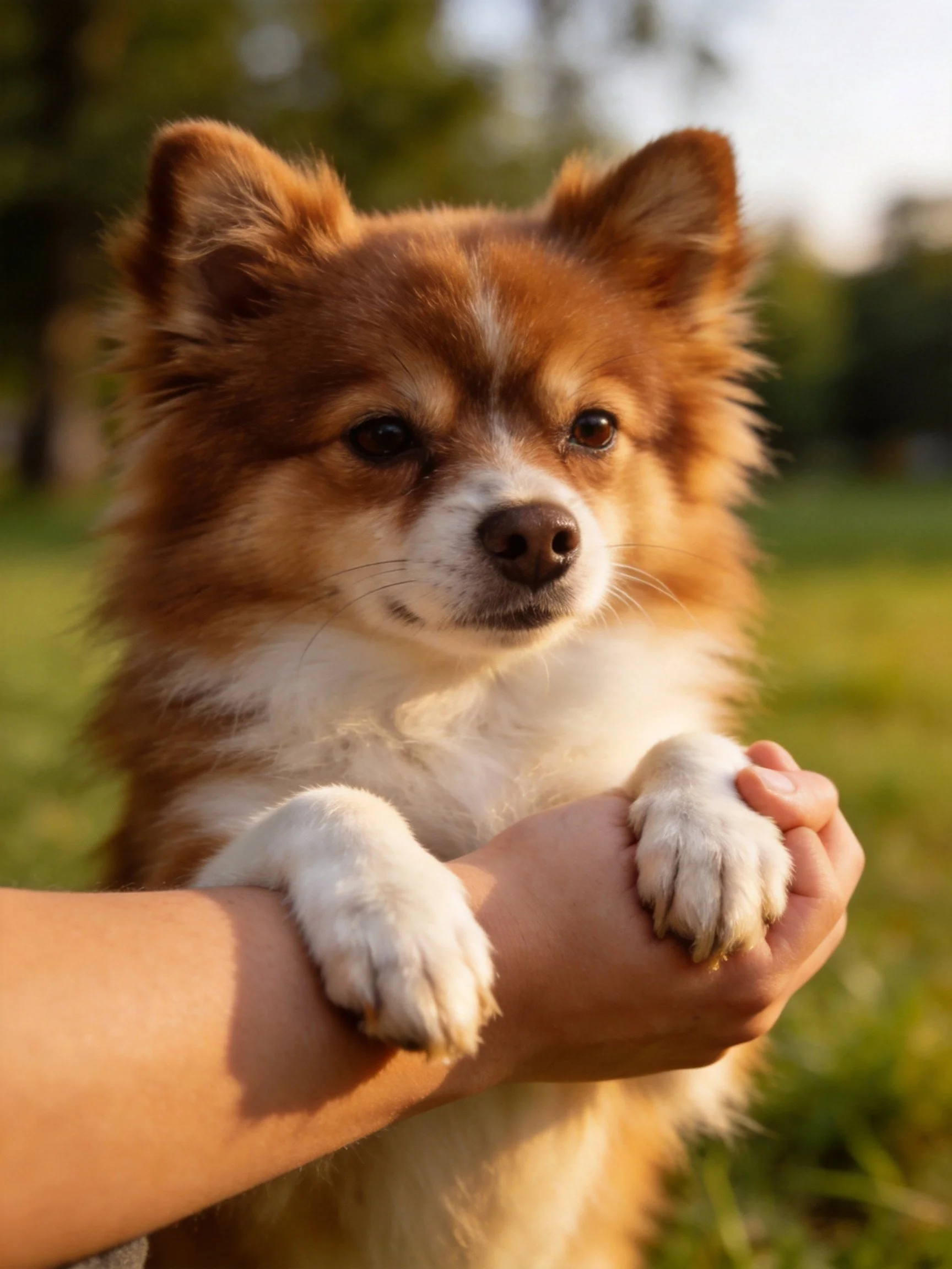 A brown and white fluffy dog being held by a hand outdoors