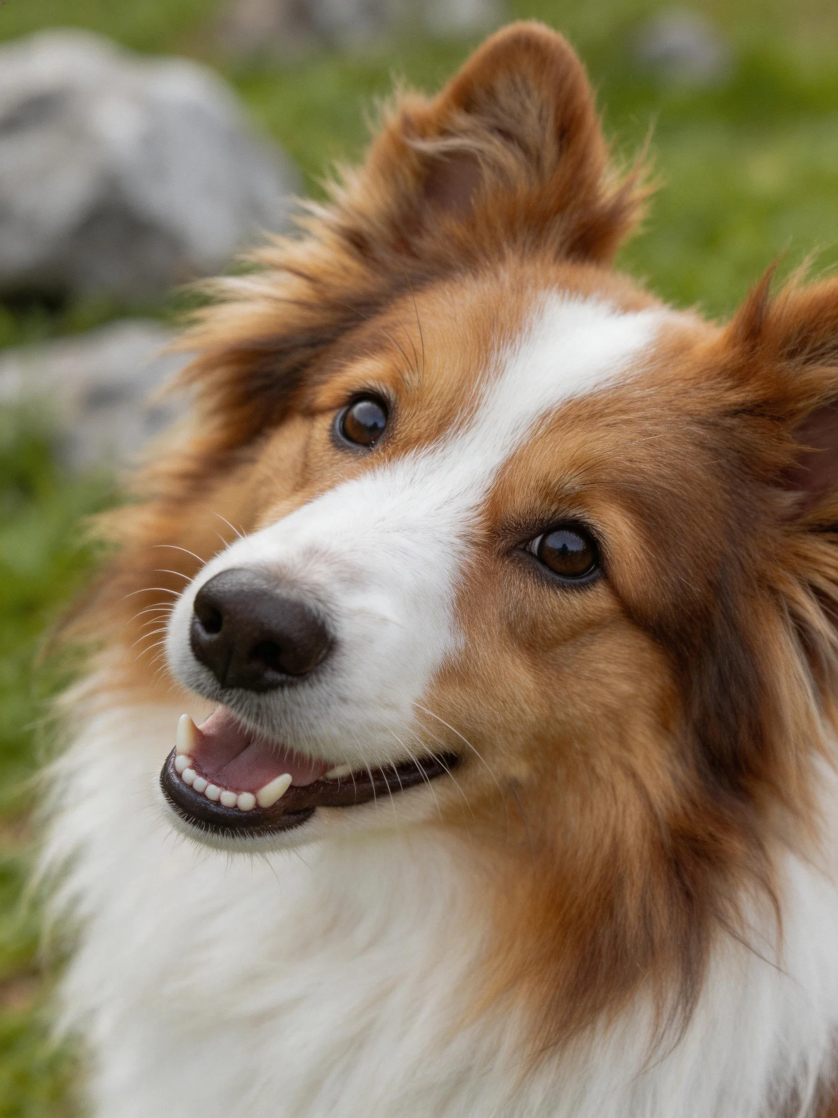 A brown and white fluffy dog outdoors near rocks