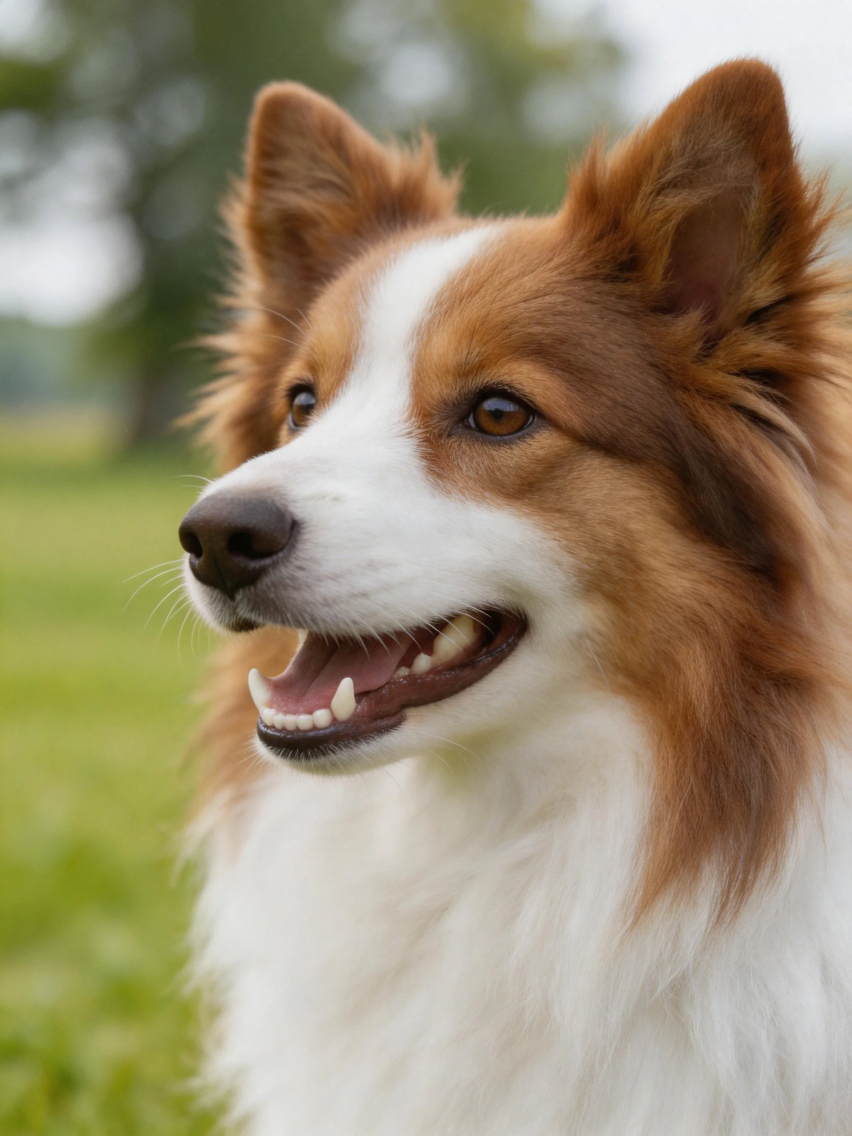 A brown and white fluffy dog outdoors with upright ears