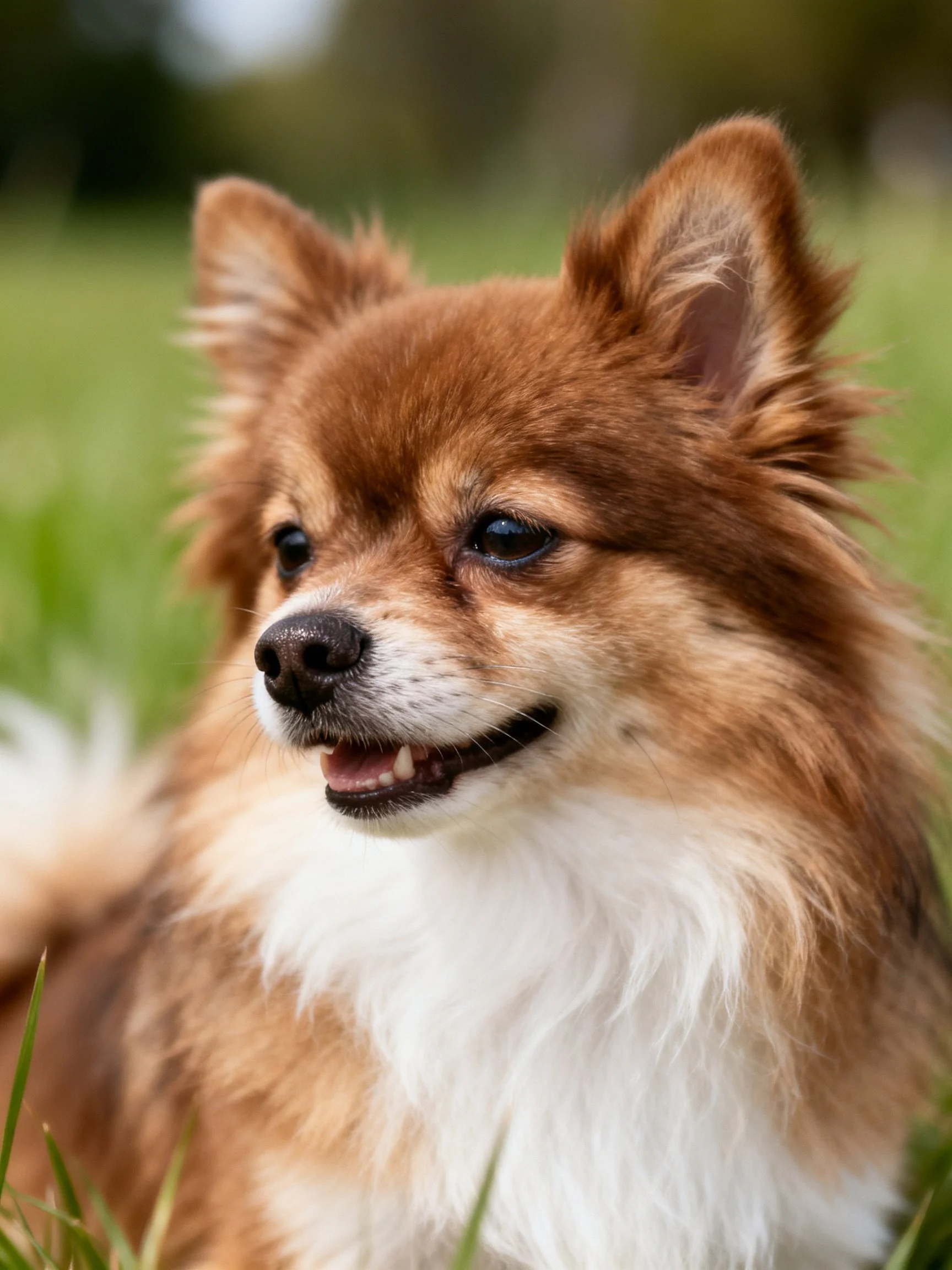 A brown and white fluffy dog sits contentedly among green grass.