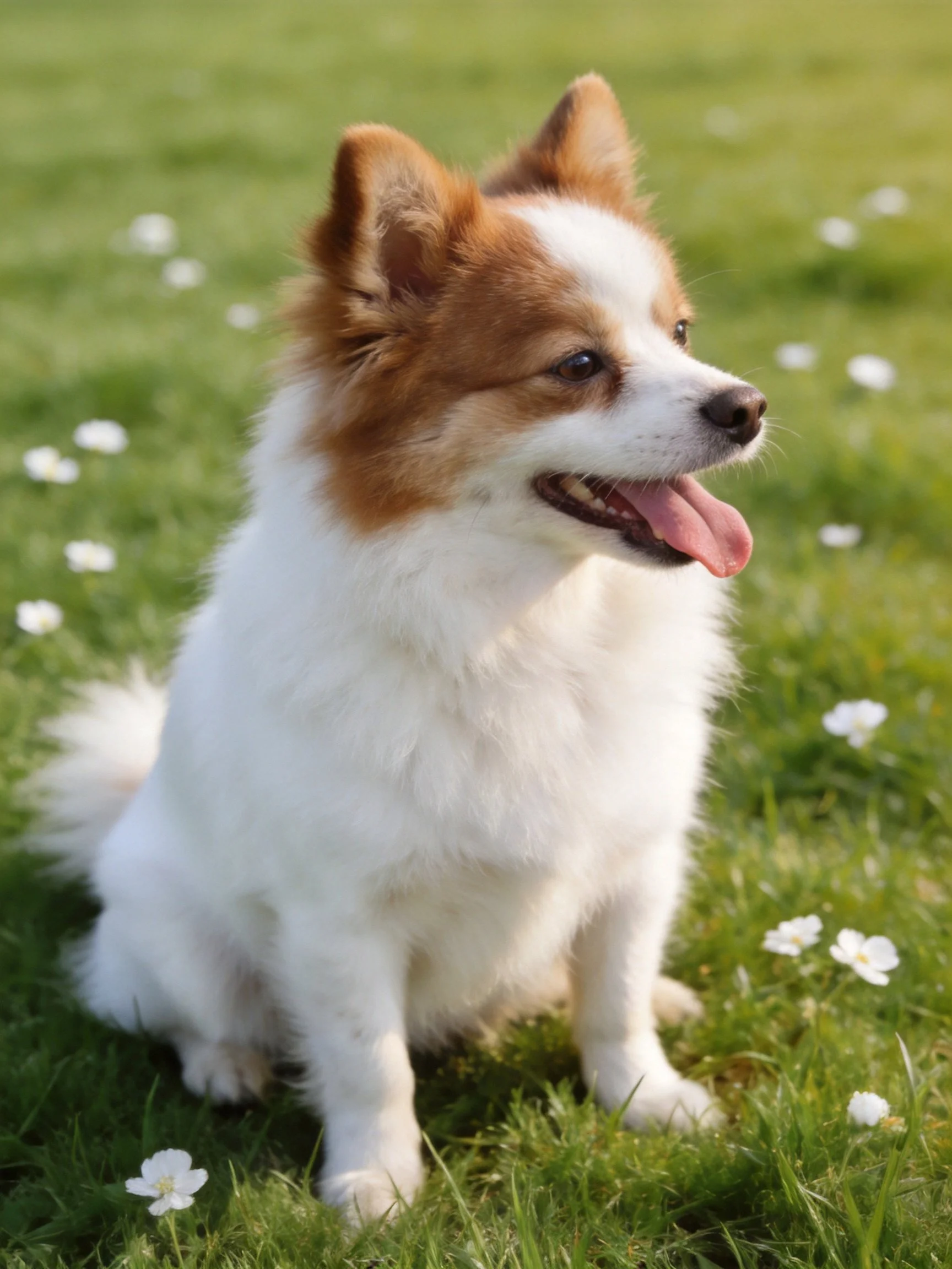 A brown and white dog sits on a grassy field with small white flowers.