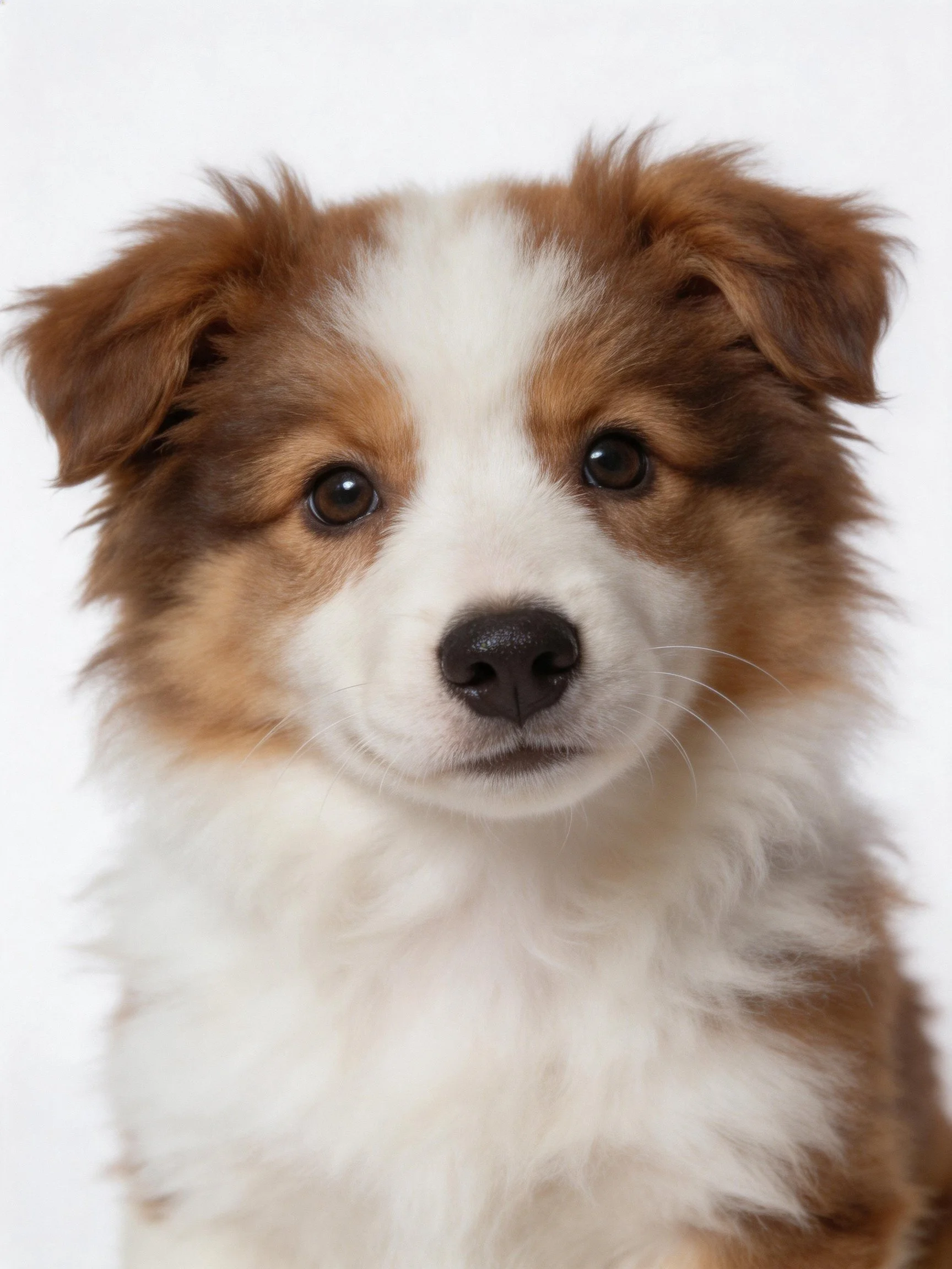 A brown and white puppy looks directly at the viewer
