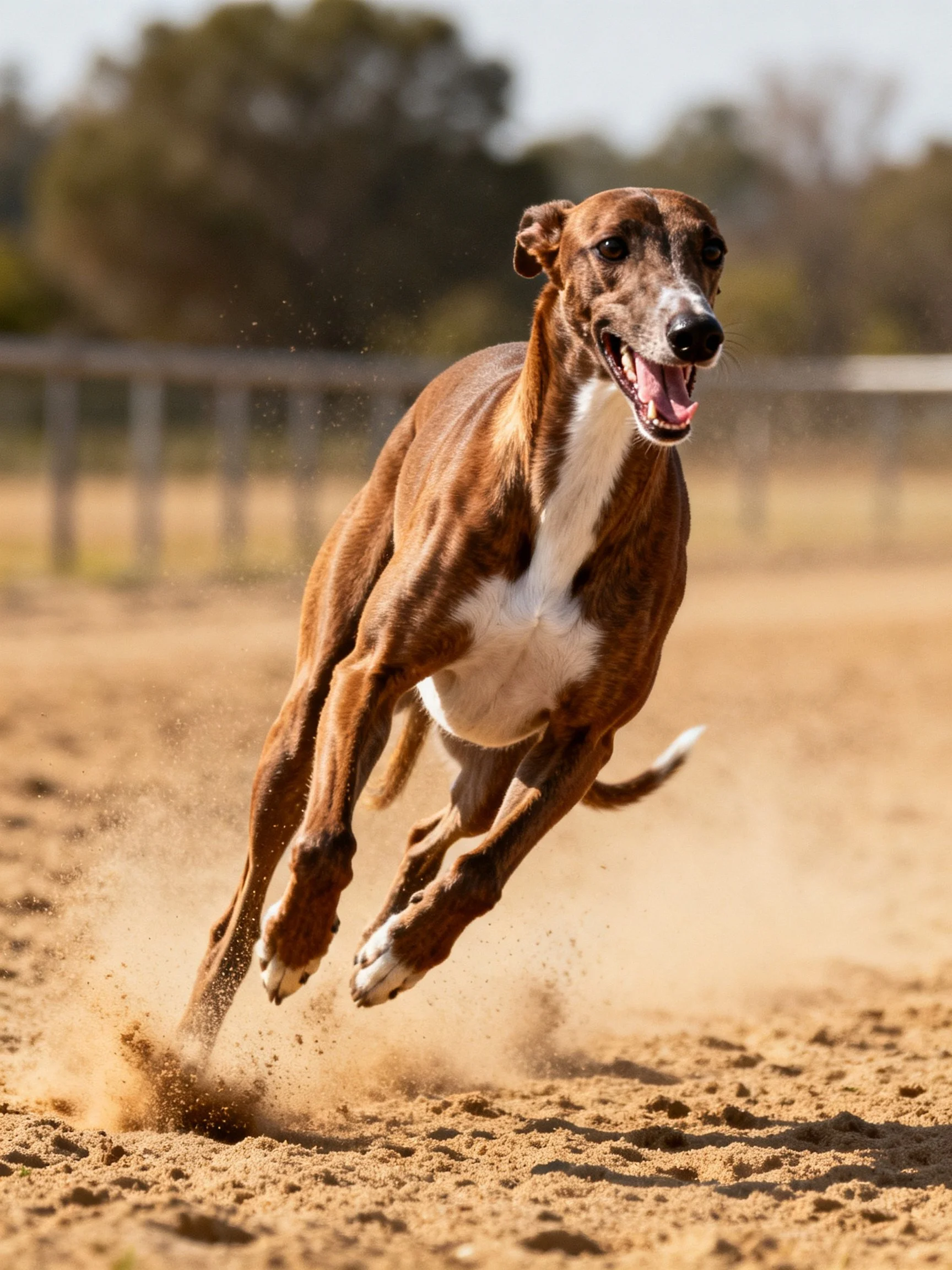 A brown and white greyhound sprinting on a sandy outdoor track