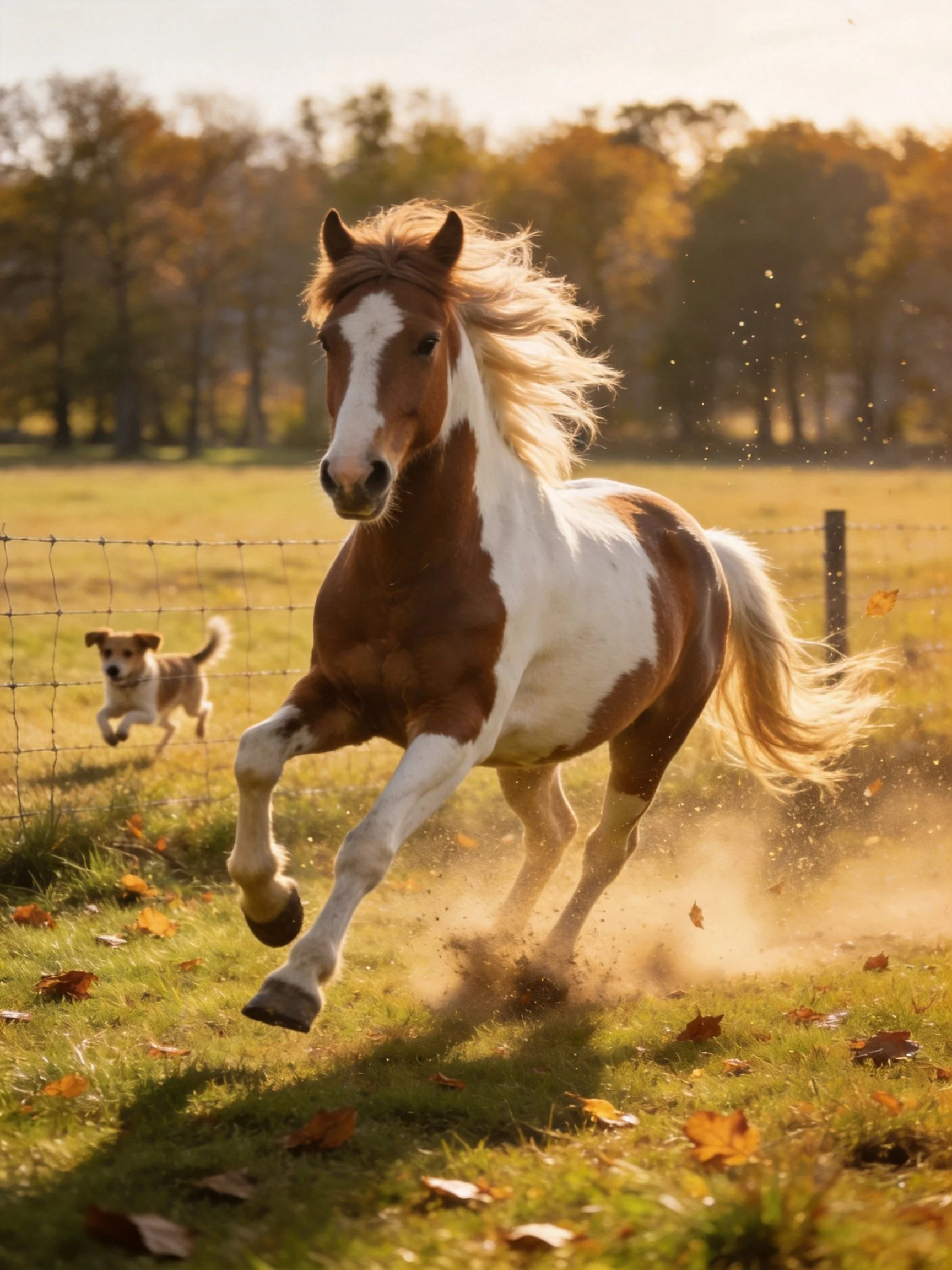 A brown and white horse runs swiftly through an autumn field while a small dog chases behind.