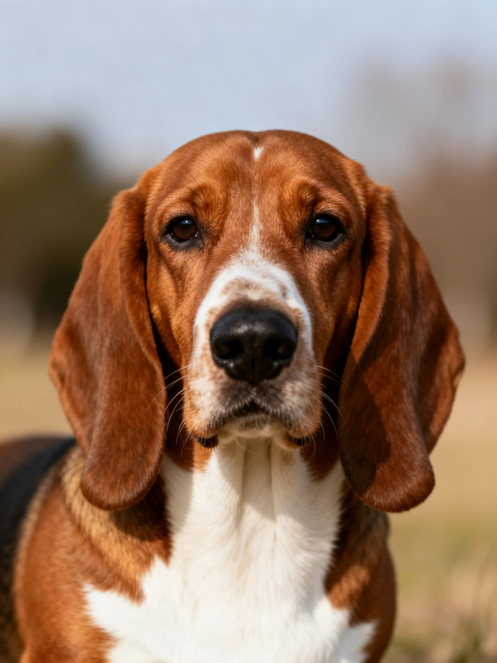 A brown and white hunting dog with long ears in an outdoor setting