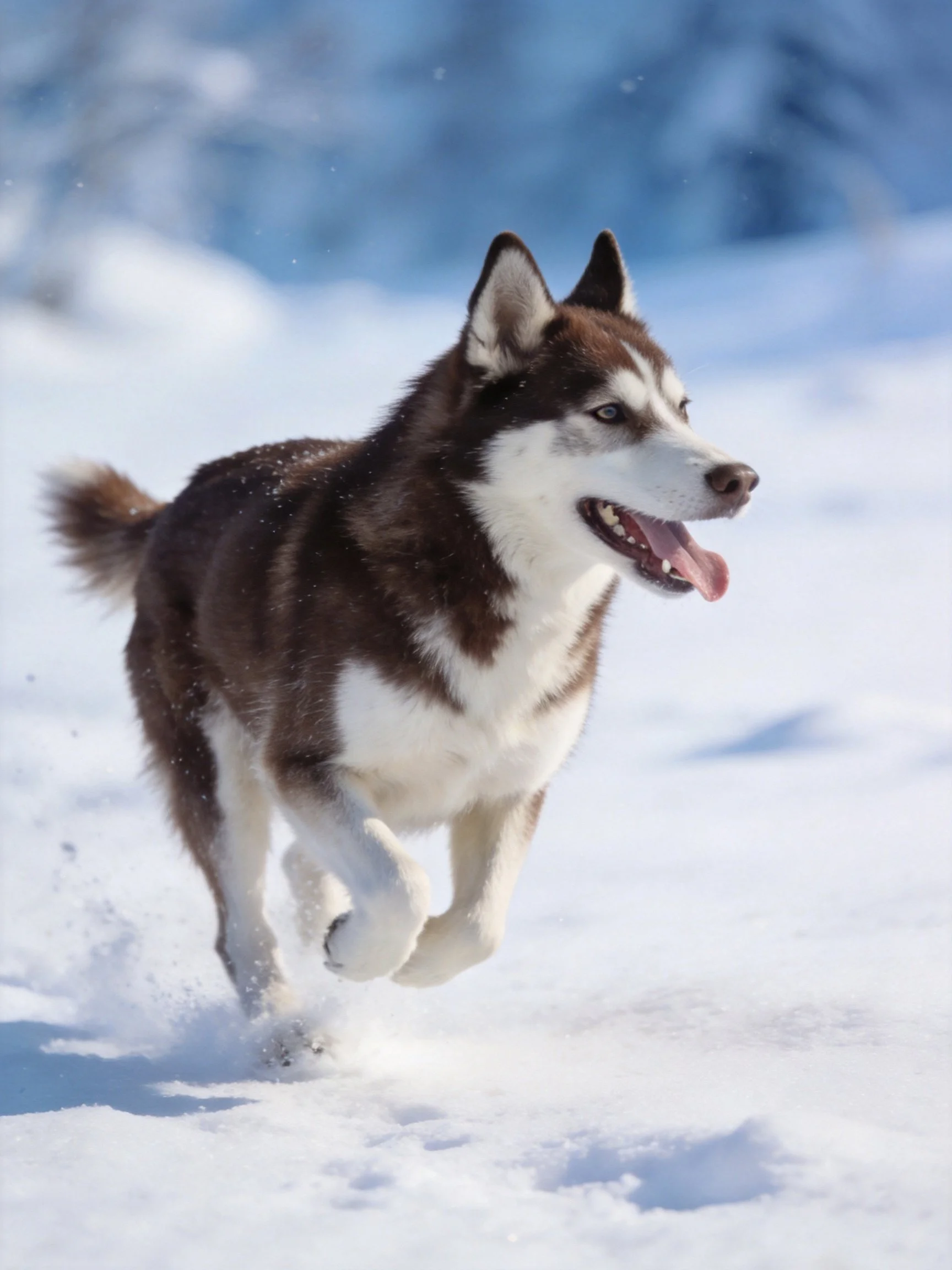 A brown and white husky dog runs joyfully through fresh snow.