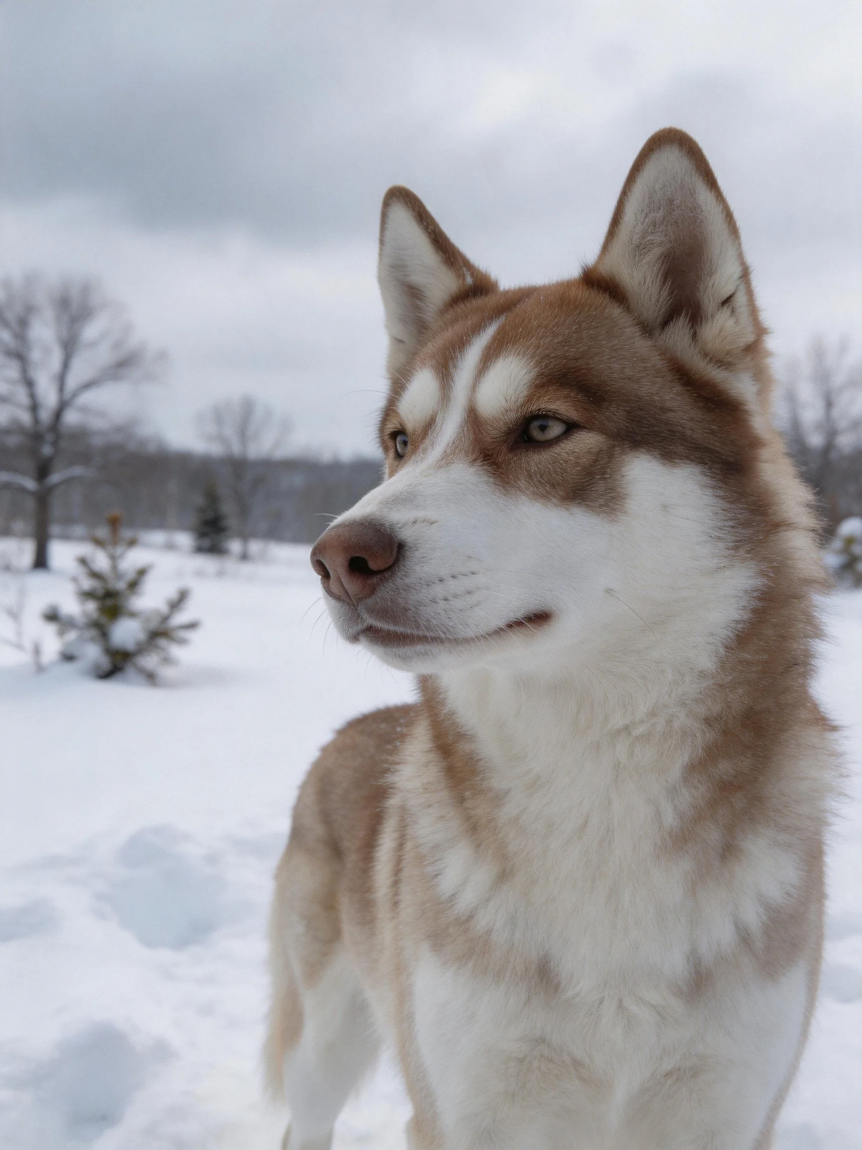 A brown and white husky in a snowy winter landscape