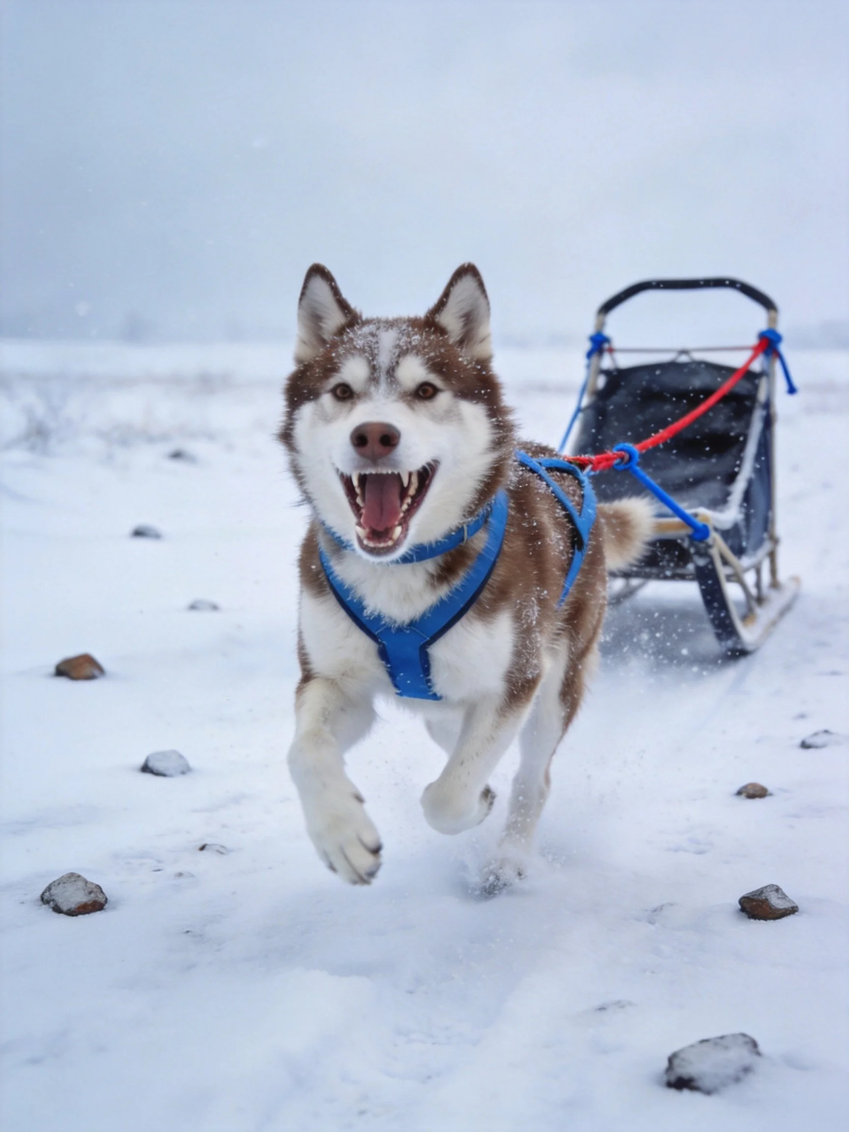 A brown and white husky pulls a sled across a snowy landscape.