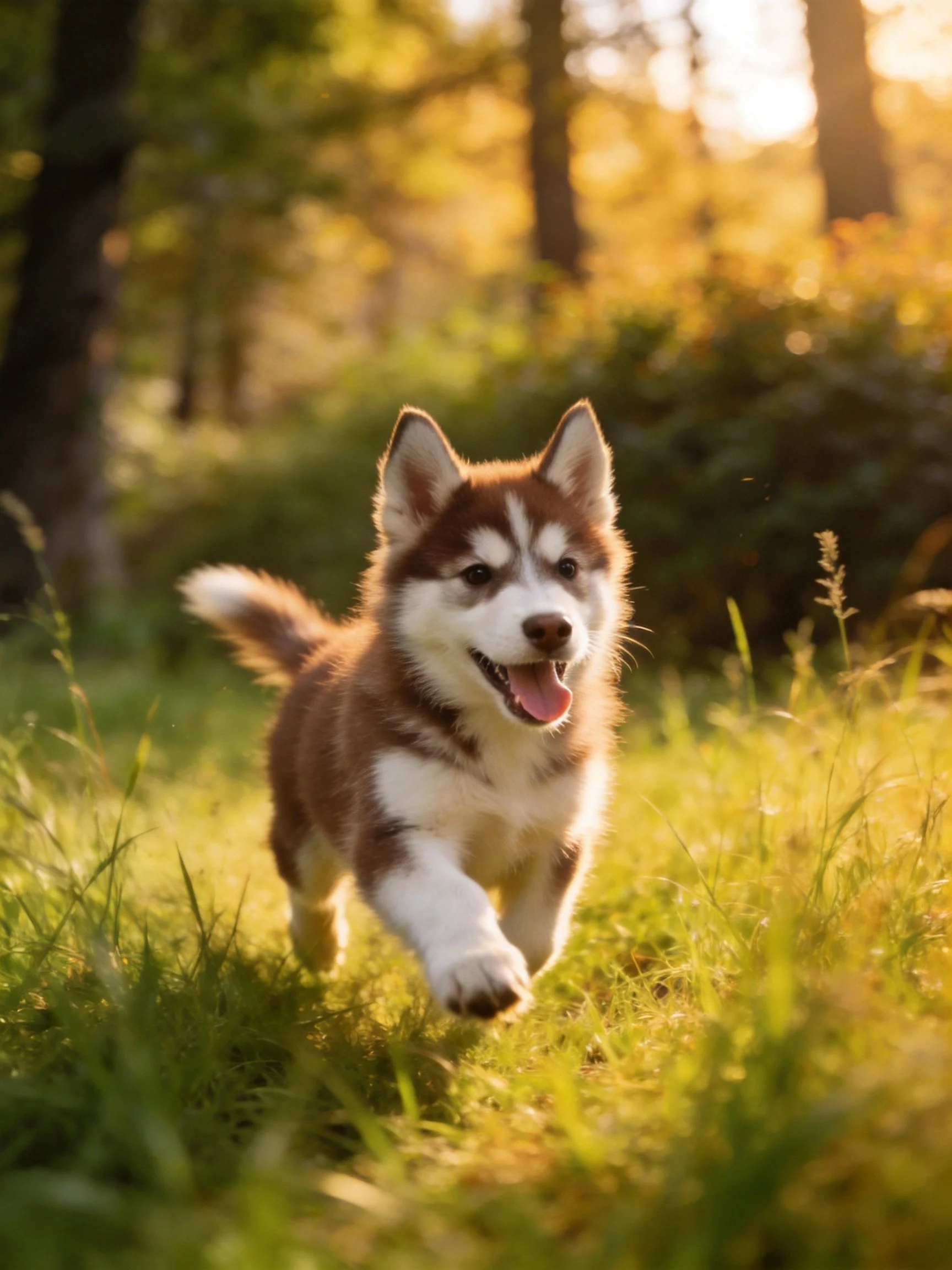 A brown and white husky puppy joyfully runs through sunlit grass near trees
