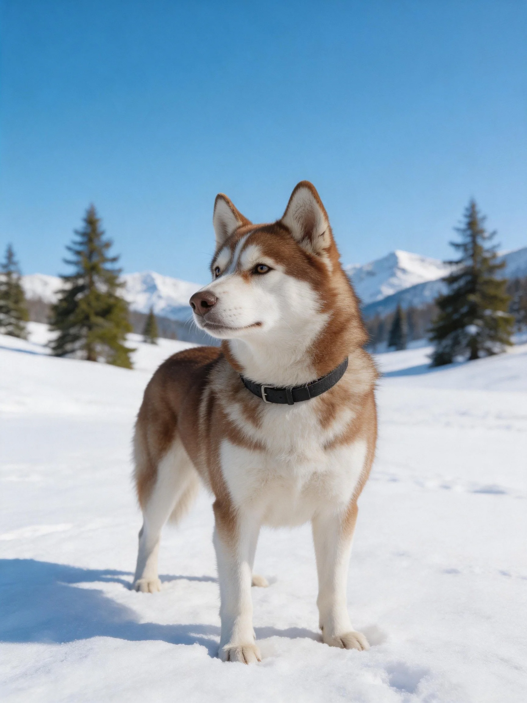 A brown and white husky stands on snow - covered terrain near pine trees