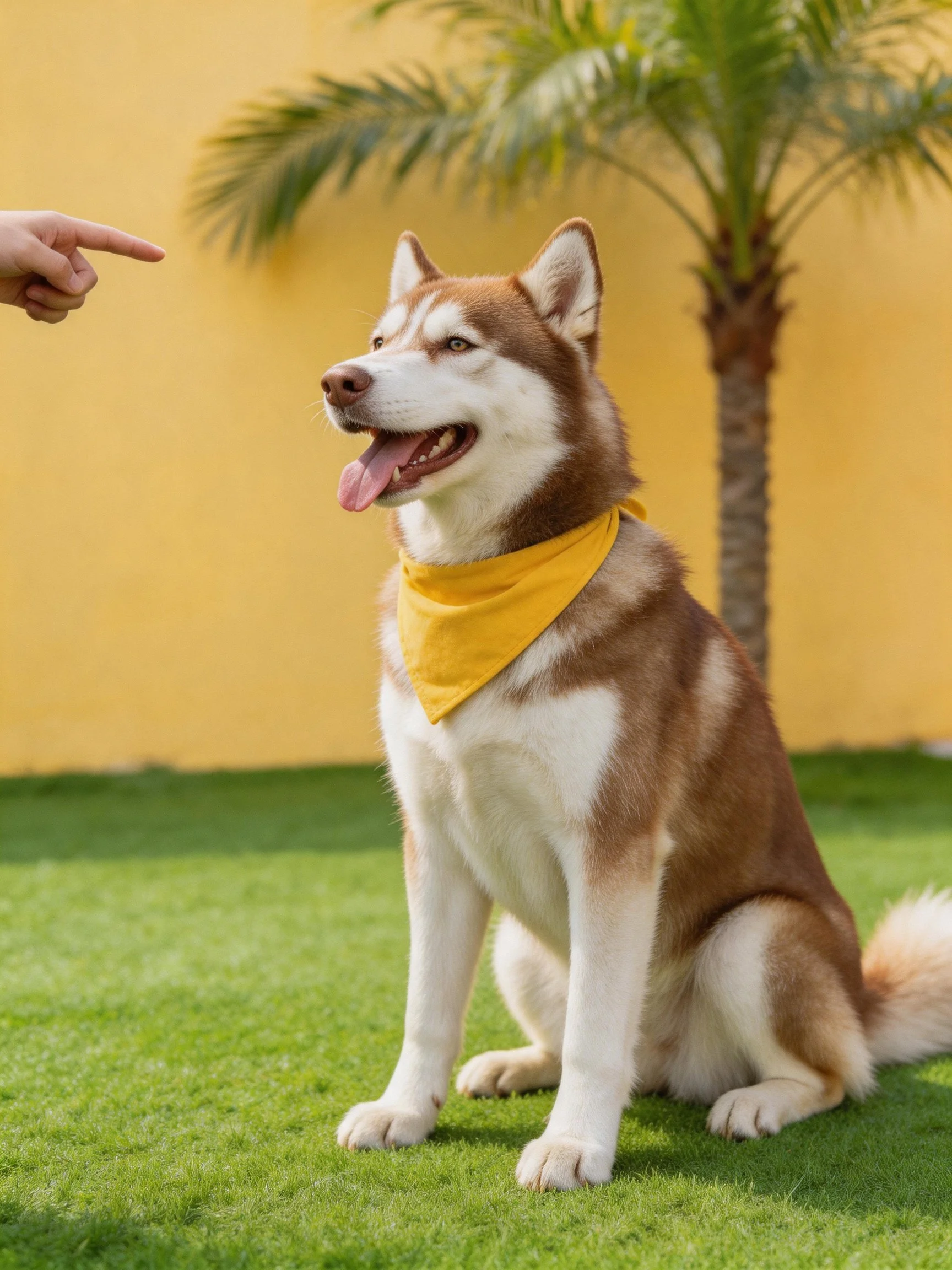 A brown and white husky with a yellow bandana sits on green grass as a hand points toward it.