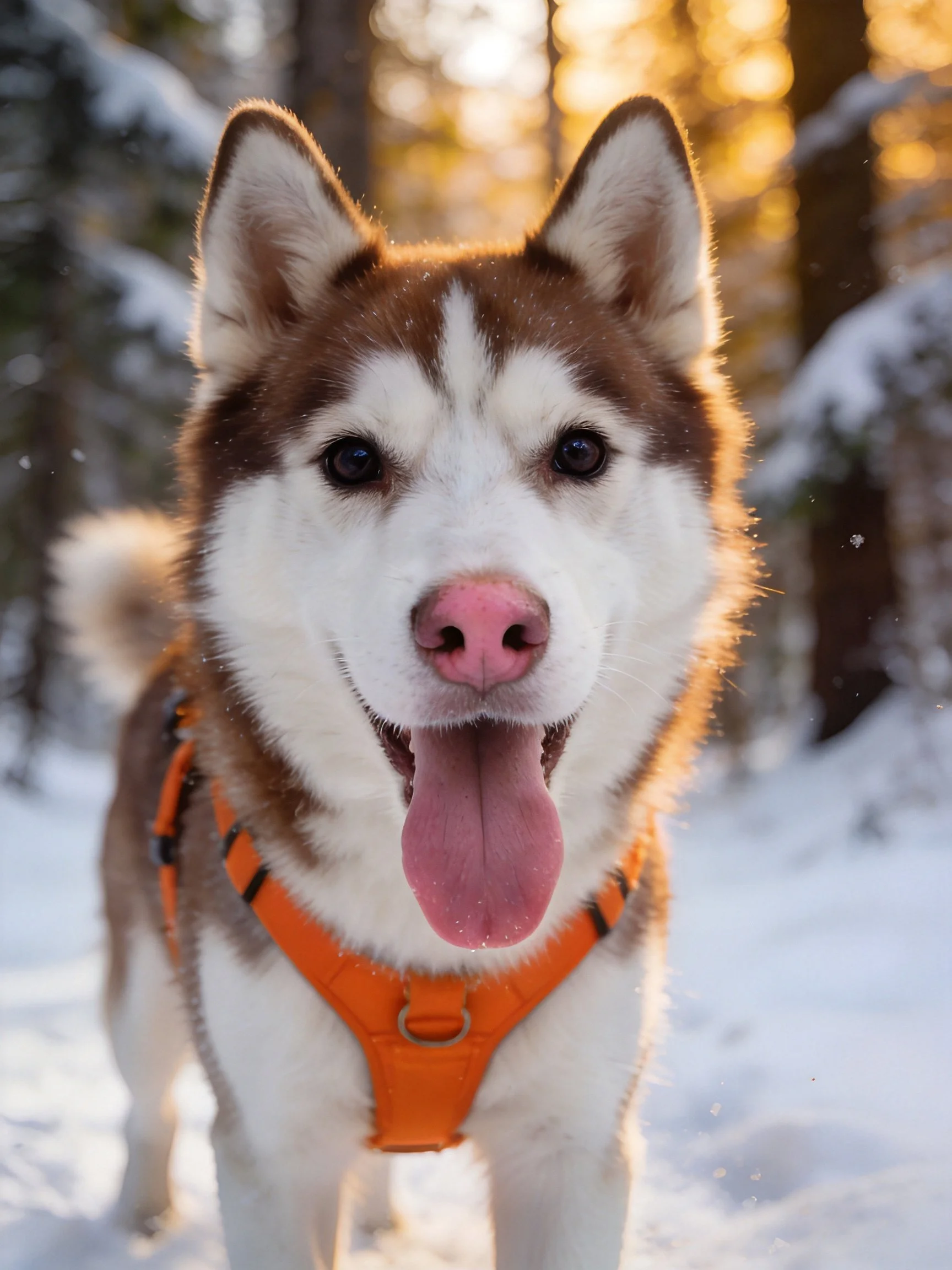 A brown-and-white husky with an orange harness enjoys a snowy forest environment.