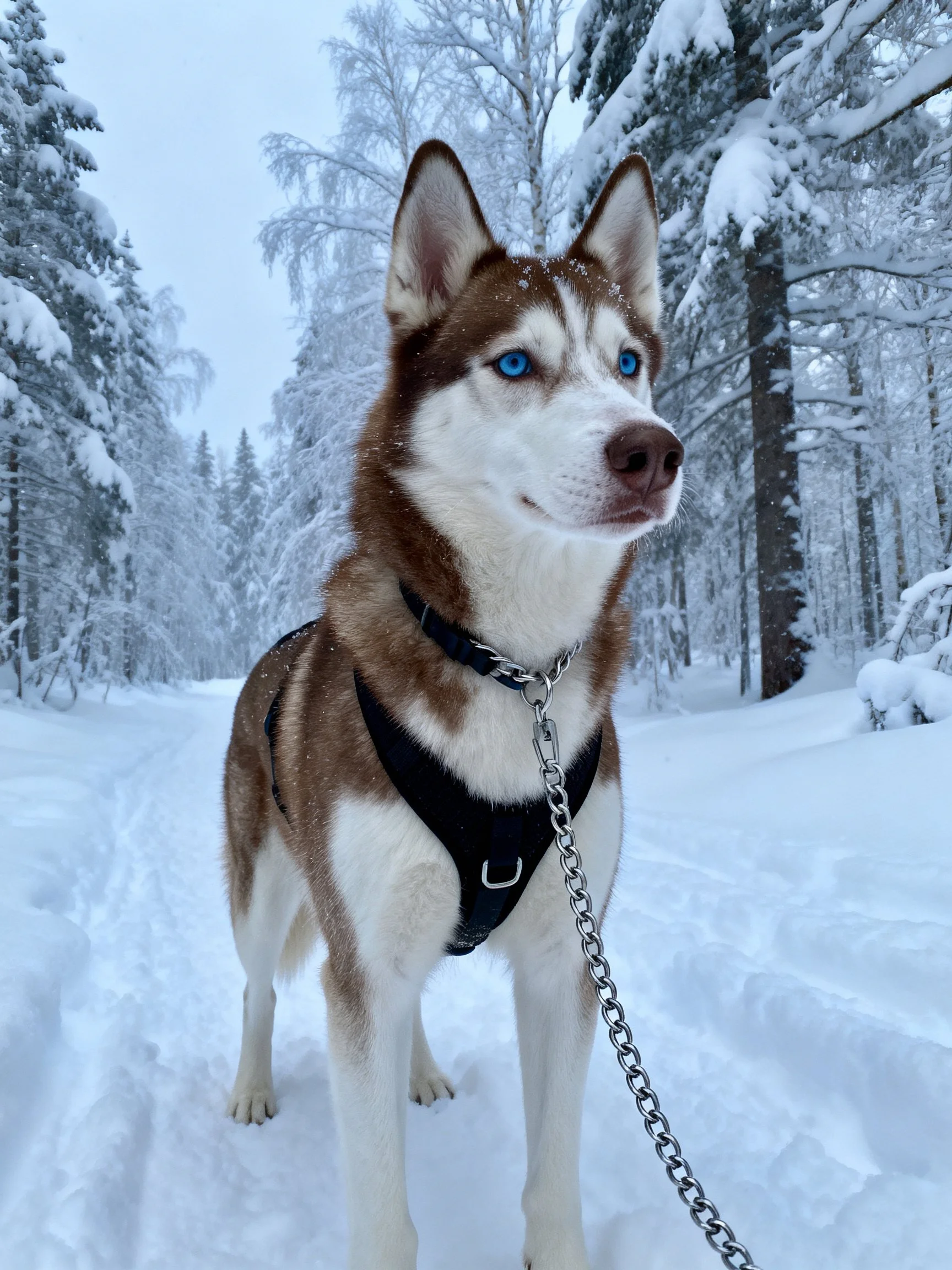 A husky stands in a snow - filled forest landscape.