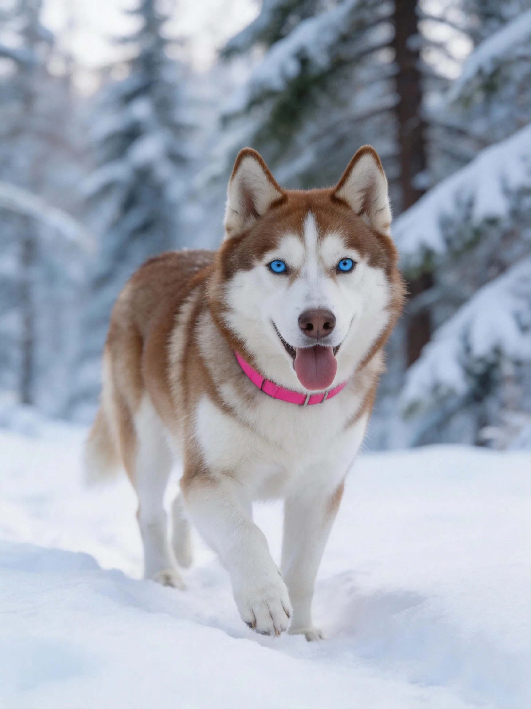 A husky with blue eyes and a pink collar traverses snow-filled woodland.