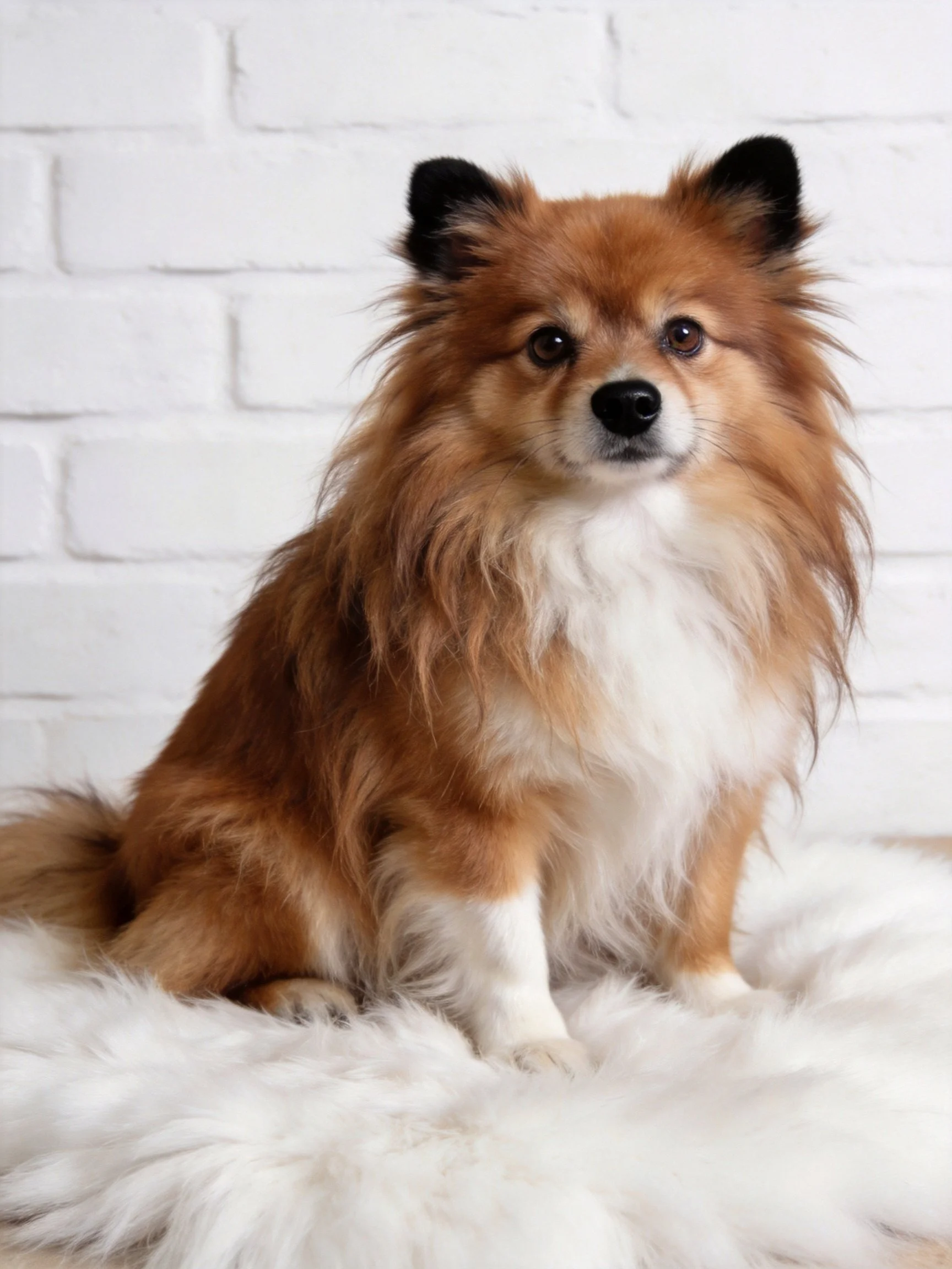 A brown and white long-haired dog sits on a fluffy white rug by a white brick wall