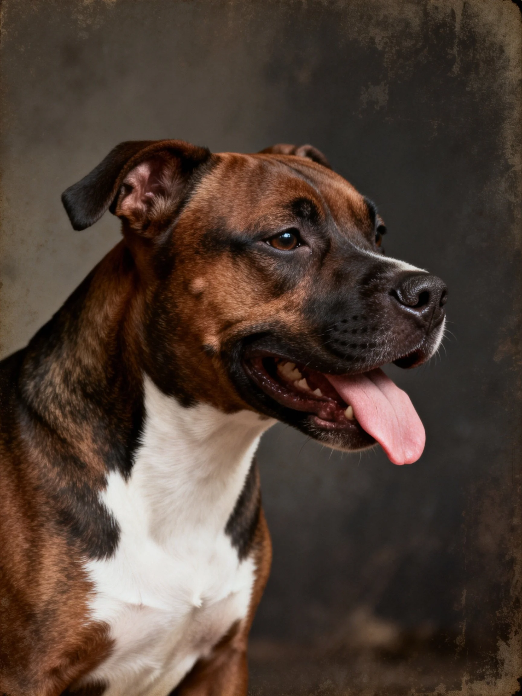 A brown and white mixed - breed dog with open mouth